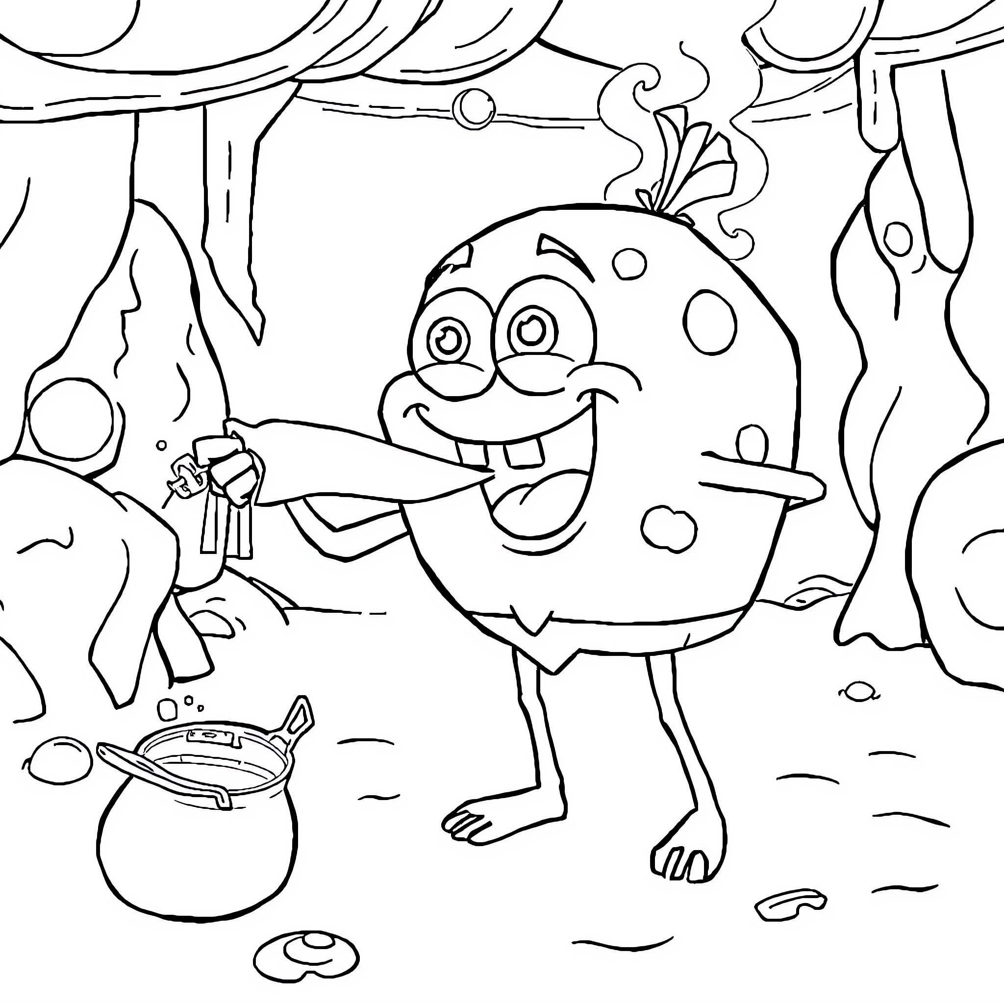 Spongebob having fun in the ocean environment Coloring Page (free black-and-white line drawing printable PDF for all, from beginners to advanced learners, including children, teens, adults, and seniors)