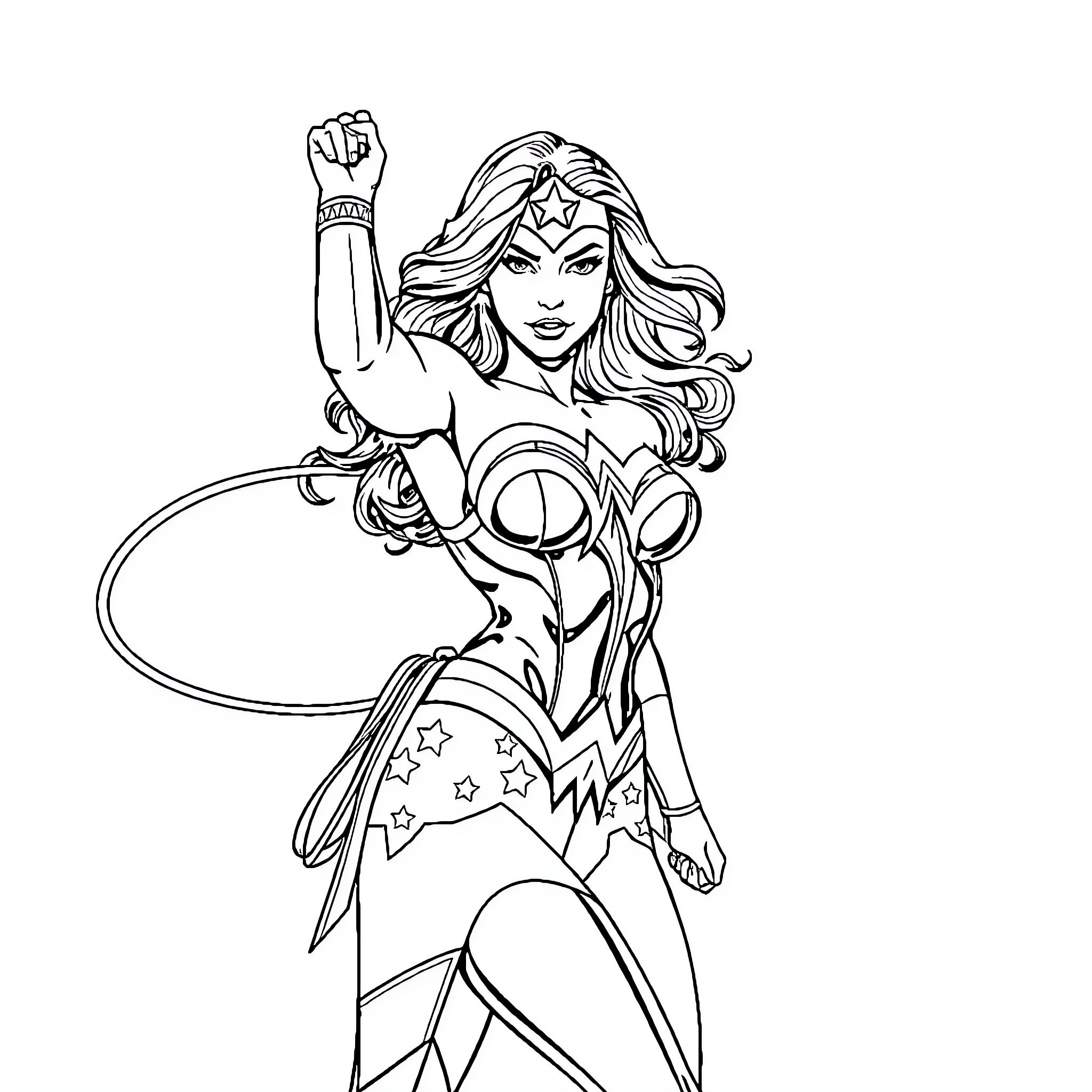 Wonder Woman in heroic action pose Coloring Page (free black-and-white line drawing printable PDF for all, from beginners to advanced learners, including children, teens, adults, and seniors)