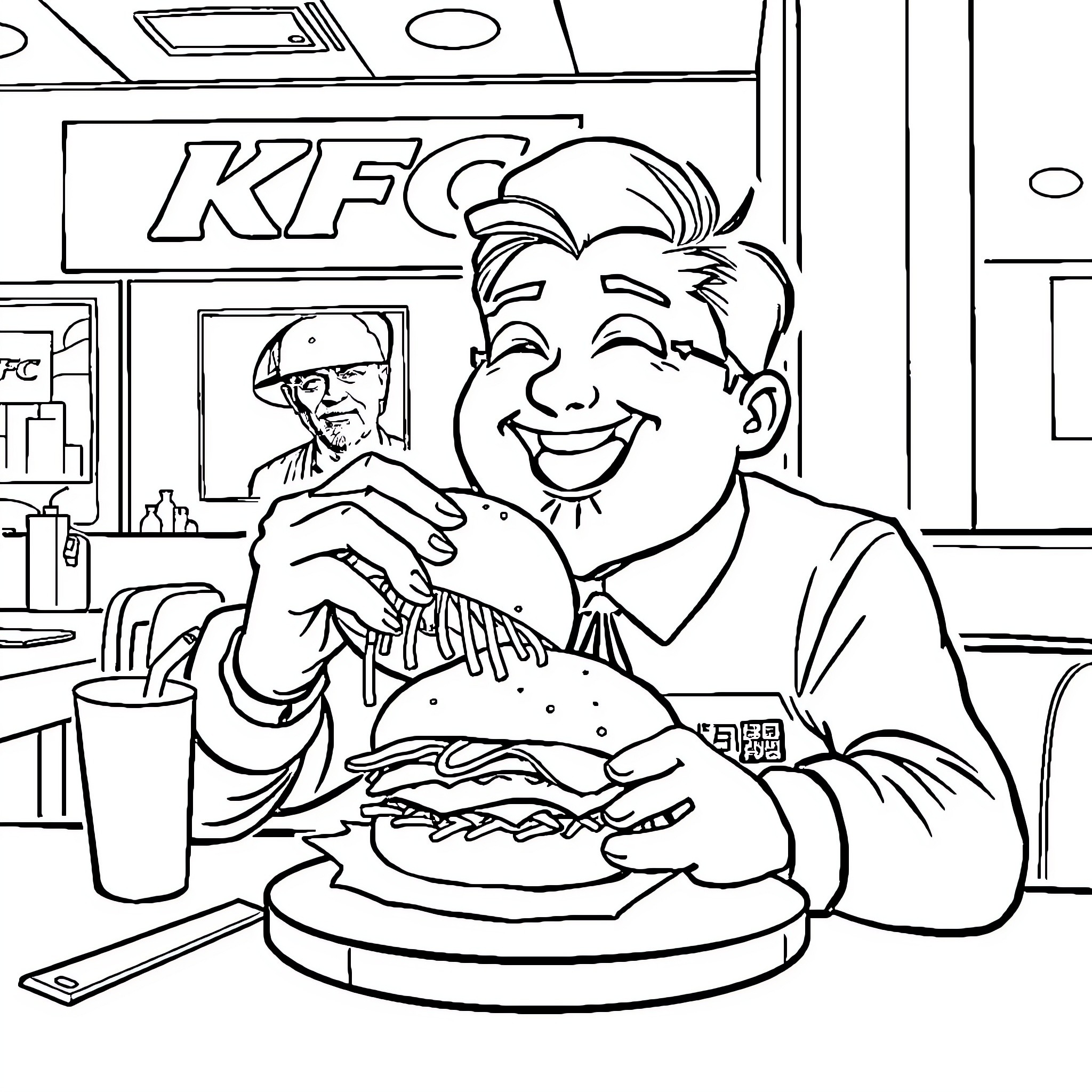 Gi hun enjoying a hearty meal at KFC Coloring Page (free black-and-white line drawing printable PDF for all, from beginners to advanced learners, including children, teens, adults, and seniors)