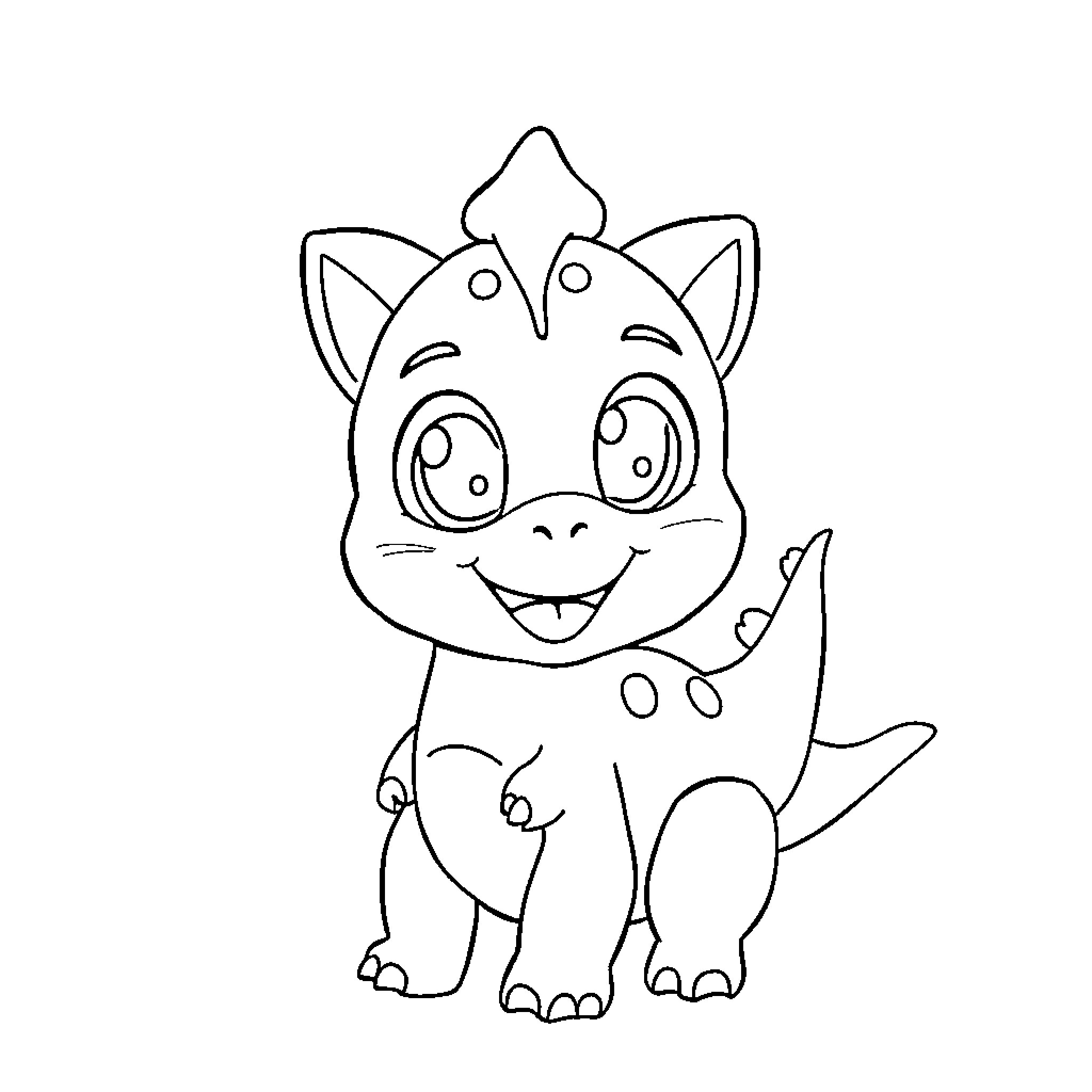 Cat Dinosaur Cartoon Character Smiling Coloring Page (free black-and-white line drawing printable PDF for all, from beginners to advanced learners, including children, teens, adults, and seniors)