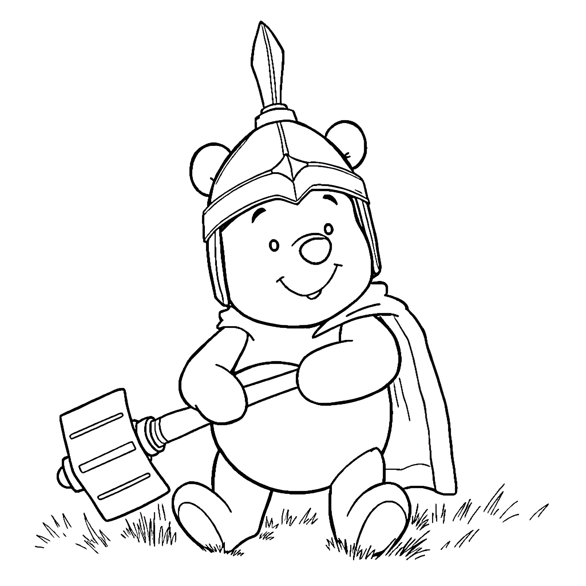Winnie The Pooh dressed as a knight on a grassy field Coloring Page (free black-and-white line drawing printable PDF for all, from beginners to advanced learners, including children, teens, adults, and seniors)