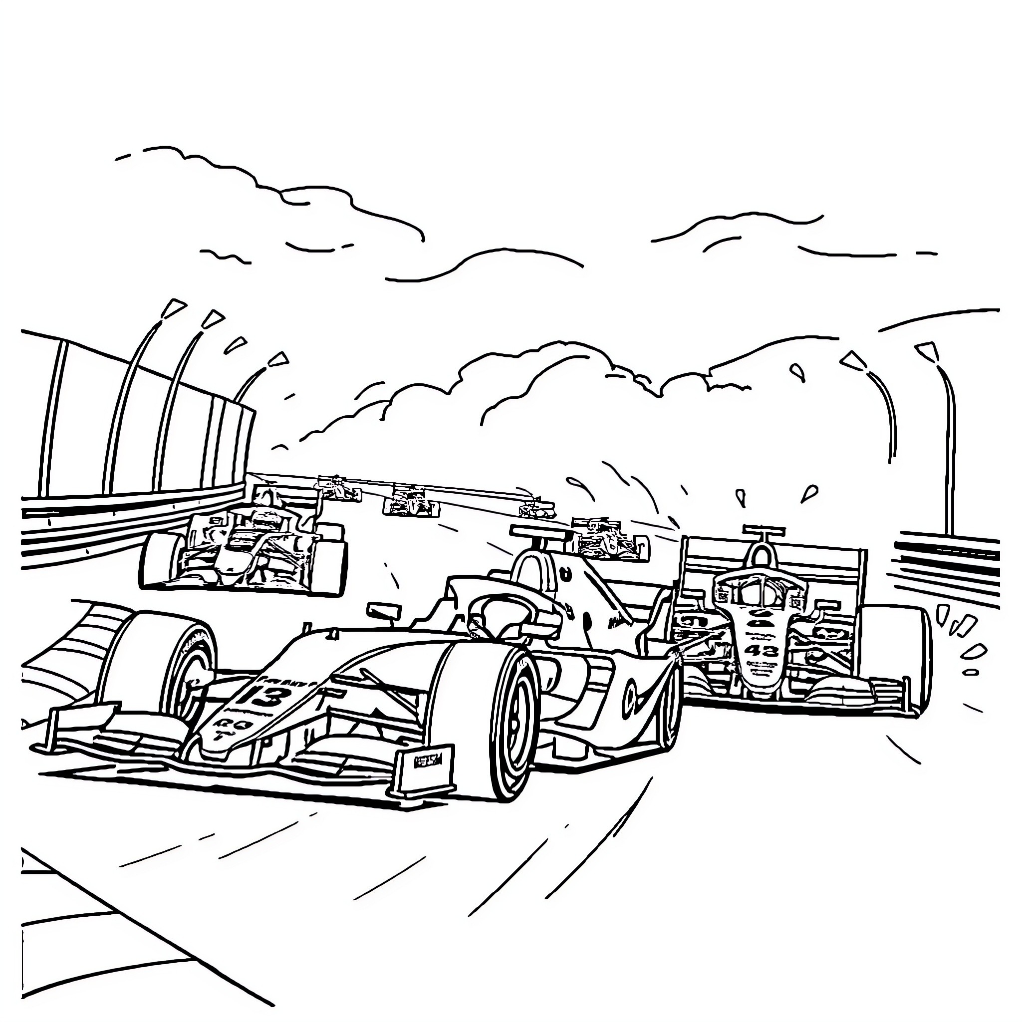 F1 Cars racing on the circuit Coloring Page (free black-and-white line drawing printable PDF for all, from beginners to advanced learners, including children, teens, adults, and seniors)
