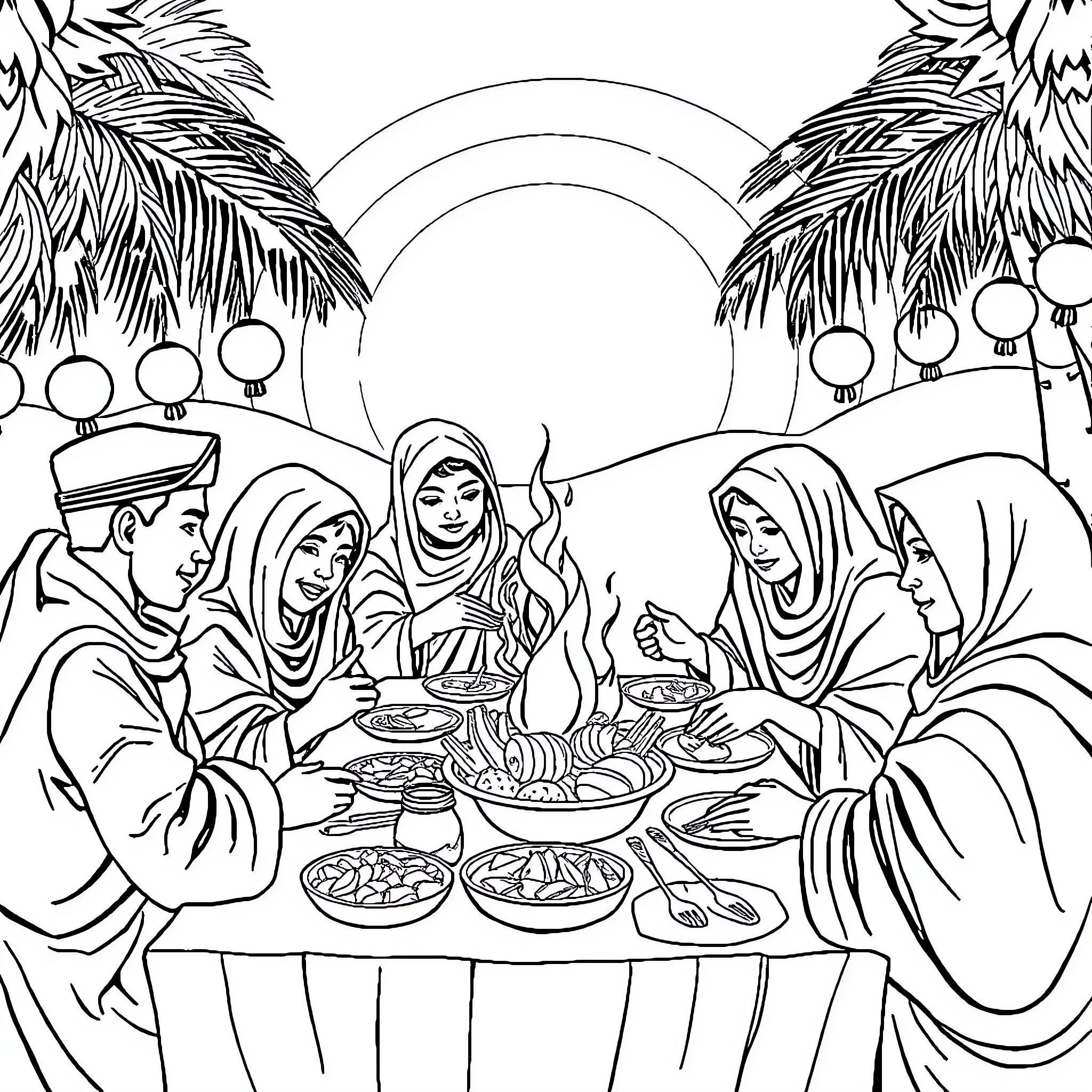 Tum Tum Family Meal Time Outdoors Coloring Page (free black-and-white line drawing printable PDF for all, from beginners to advanced learners, including children, teens, adults, and seniors)