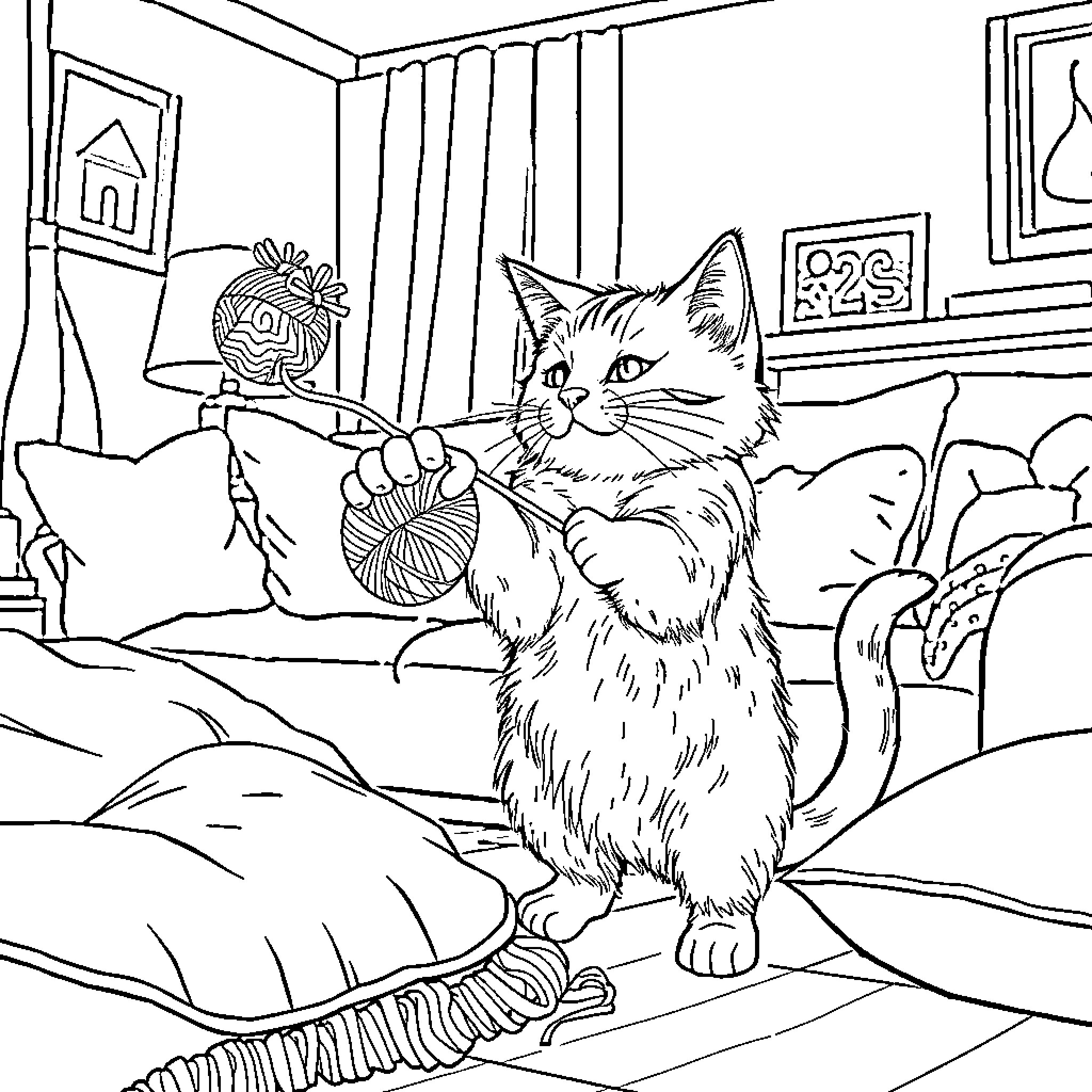 Cat lounging in cozy home environment Coloring Page (free black-and-white line drawing printable PDF for all, from beginners to advanced learners, including children, teens, adults, and seniors)