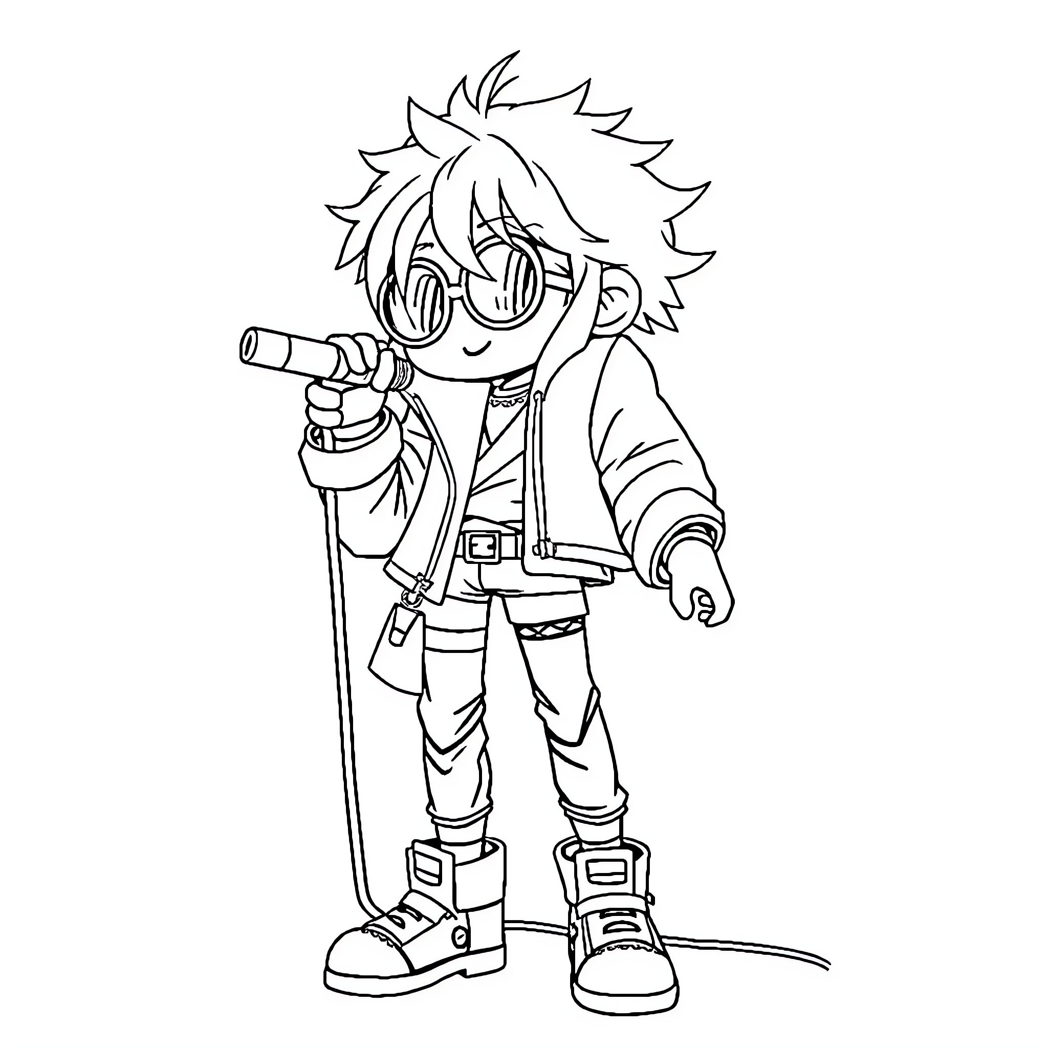 K-pop Hunter in Fun Anime Pose Coloring Page (free black-and-white line drawing printable PDF for all, from beginners to advanced learners, including children, teens, adults, and seniors)