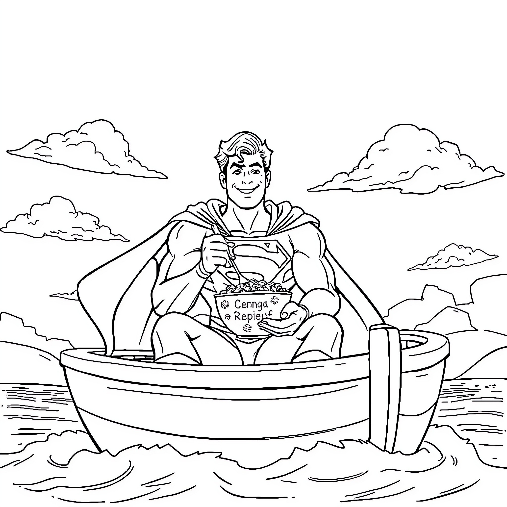 Superman relaxing and enjoying a snack in a boat Coloring Page (free black-and-white line drawing printable PDF for all, from beginners to advanced learners, including children, teens, adults, and seniors)
