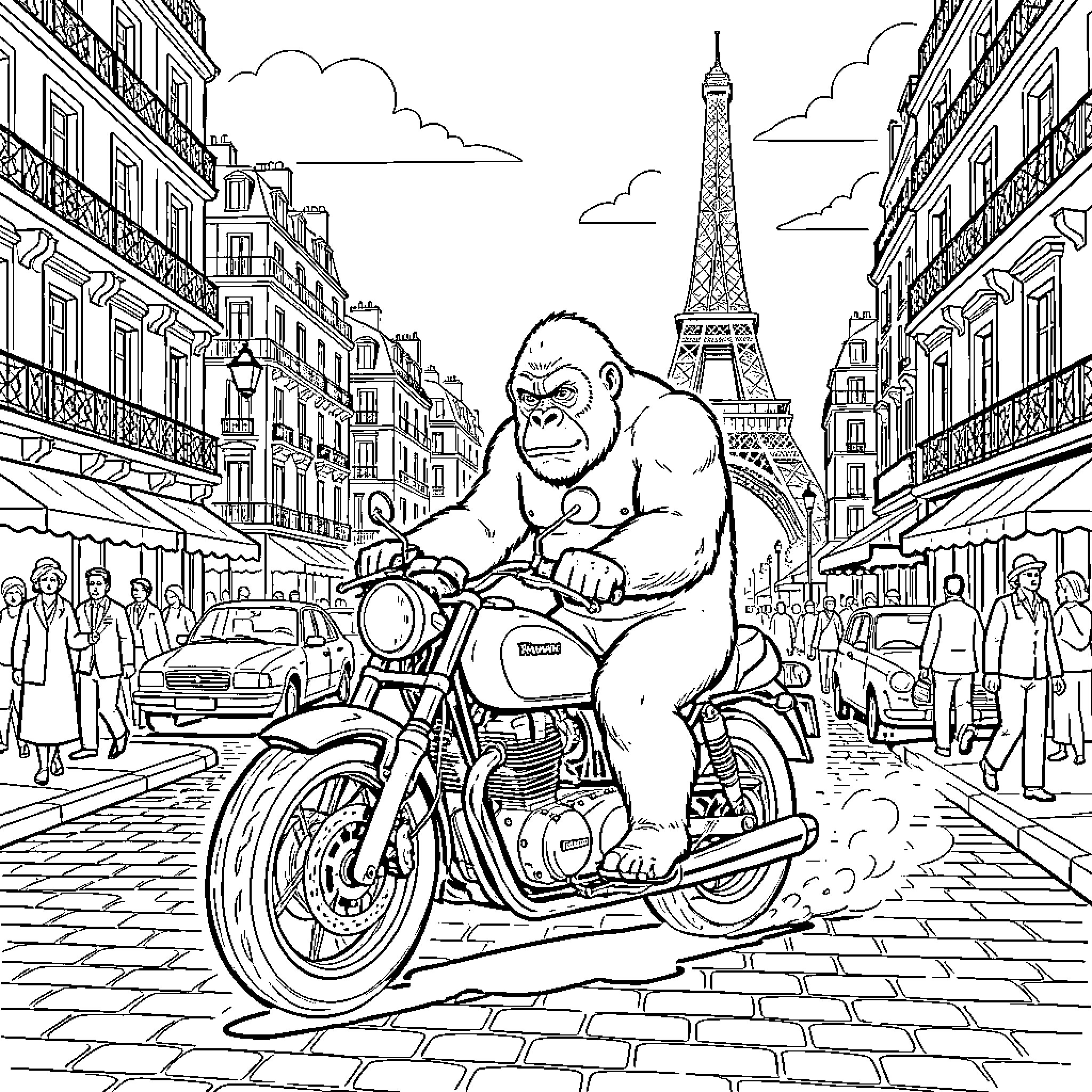 King Kong riding a motorcycle through a city street Coloring Page (free black-and-white line drawing printable PDF for all, from beginners to advanced learners, including children, teens, adults, and seniors)