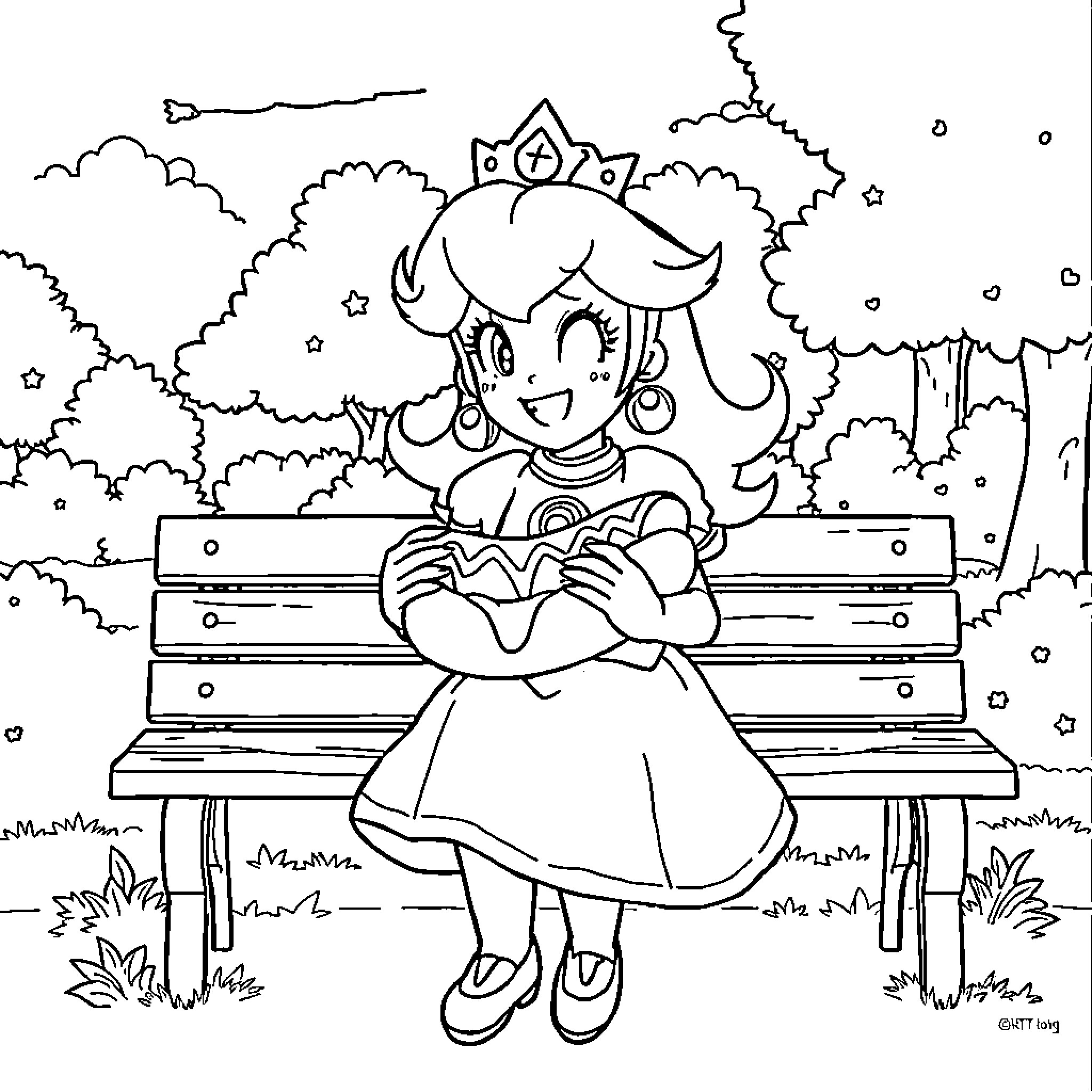 Princess sitting peacefully on a park bench Coloring Page (free black-and-white line drawing printable PDF for all, from beginners to advanced learners, including children, teens, adults, and seniors)