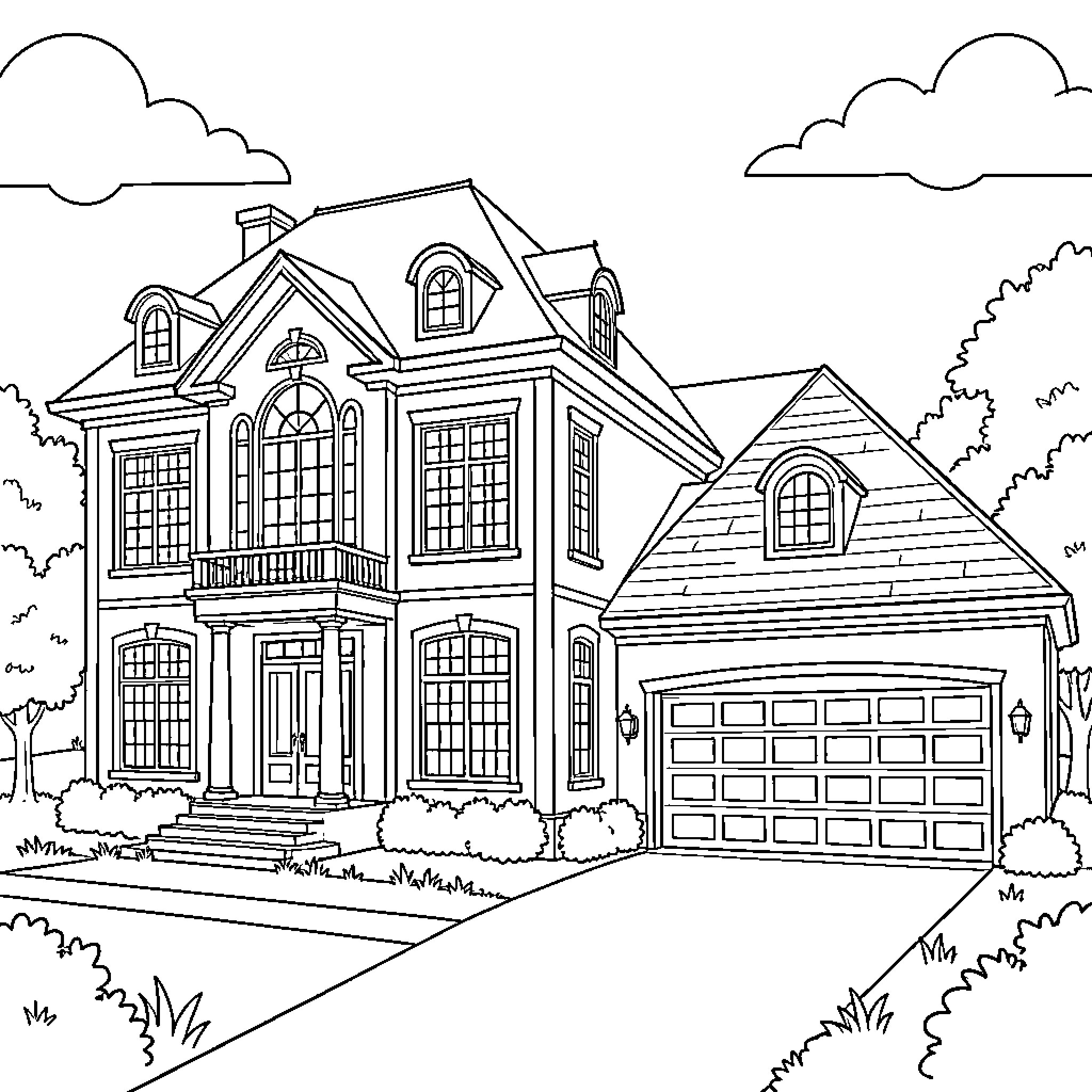Mansion standing grandly amidst lush trees and clouds Coloring Page (free black-and-white line drawing printable PDF for all, from beginners to advanced learners, including children, teens, adults, and seniors)