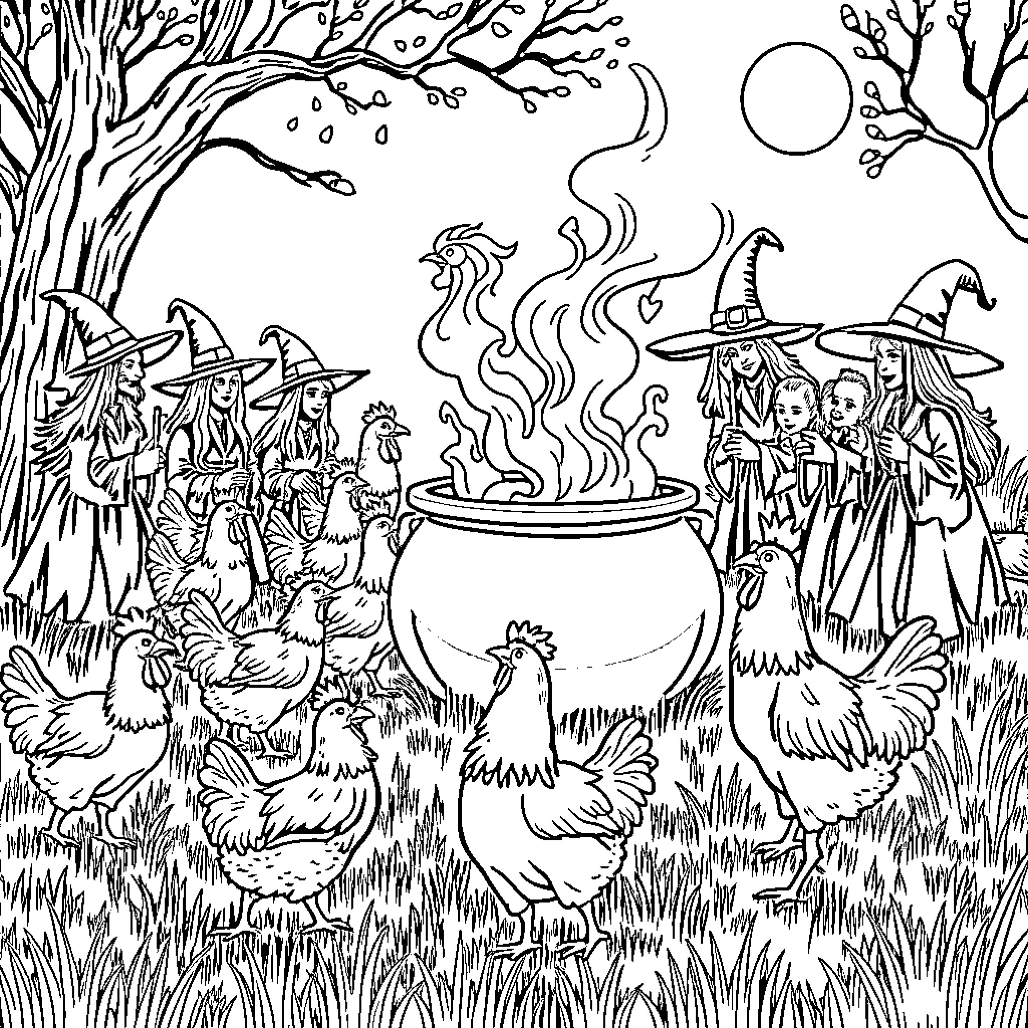 Chicken witches gathered around a boiling cauldron Coloring Page (free black-and-white line drawing printable PDF for all, from beginners to advanced learners, including children, teens, adults, and seniors)