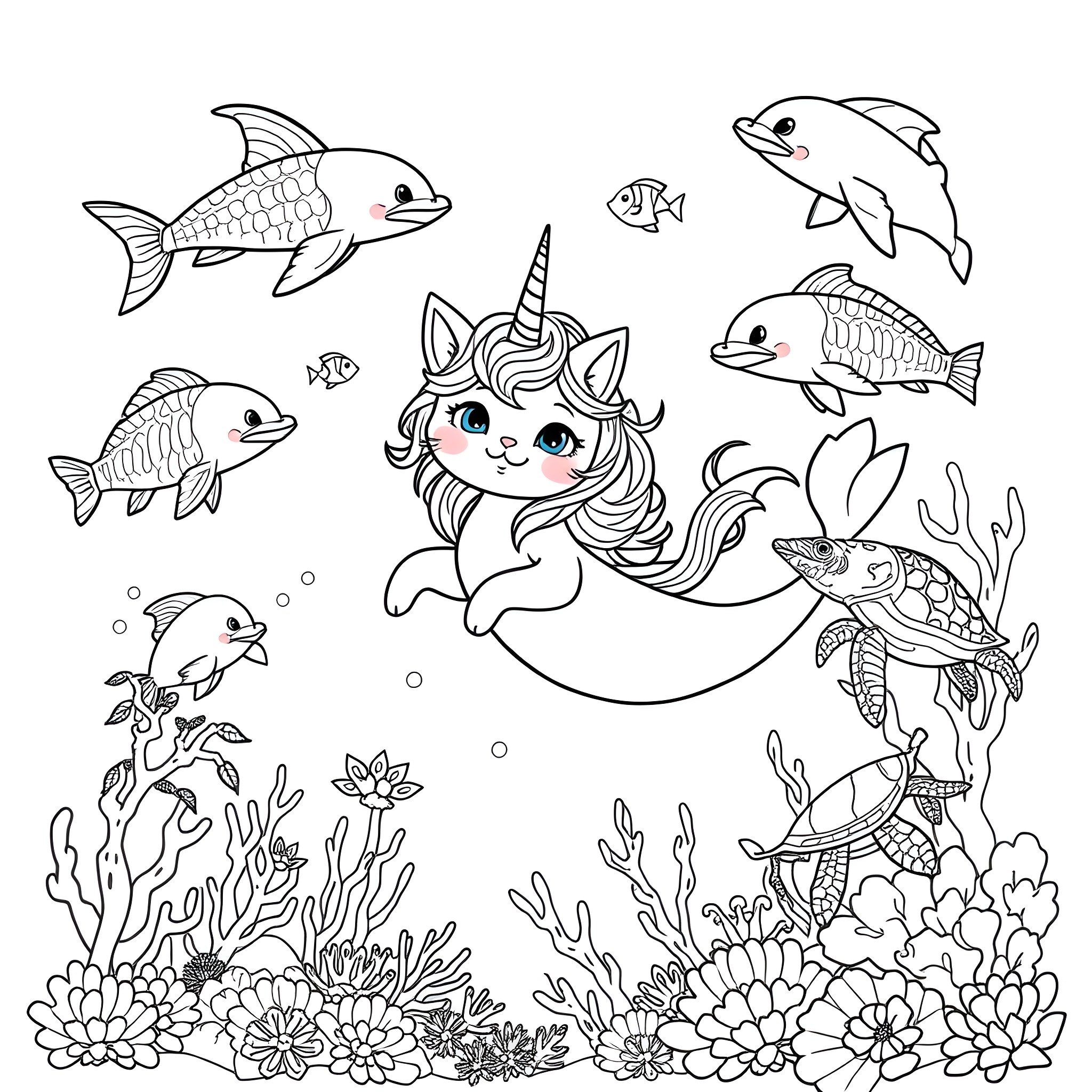 Kitty mermaid playing with colorful fish in the ocean Coloring Page (free black-and-white line drawing printable PDF for all, from beginners to advanced learners, including children, teens, adults, and seniors)