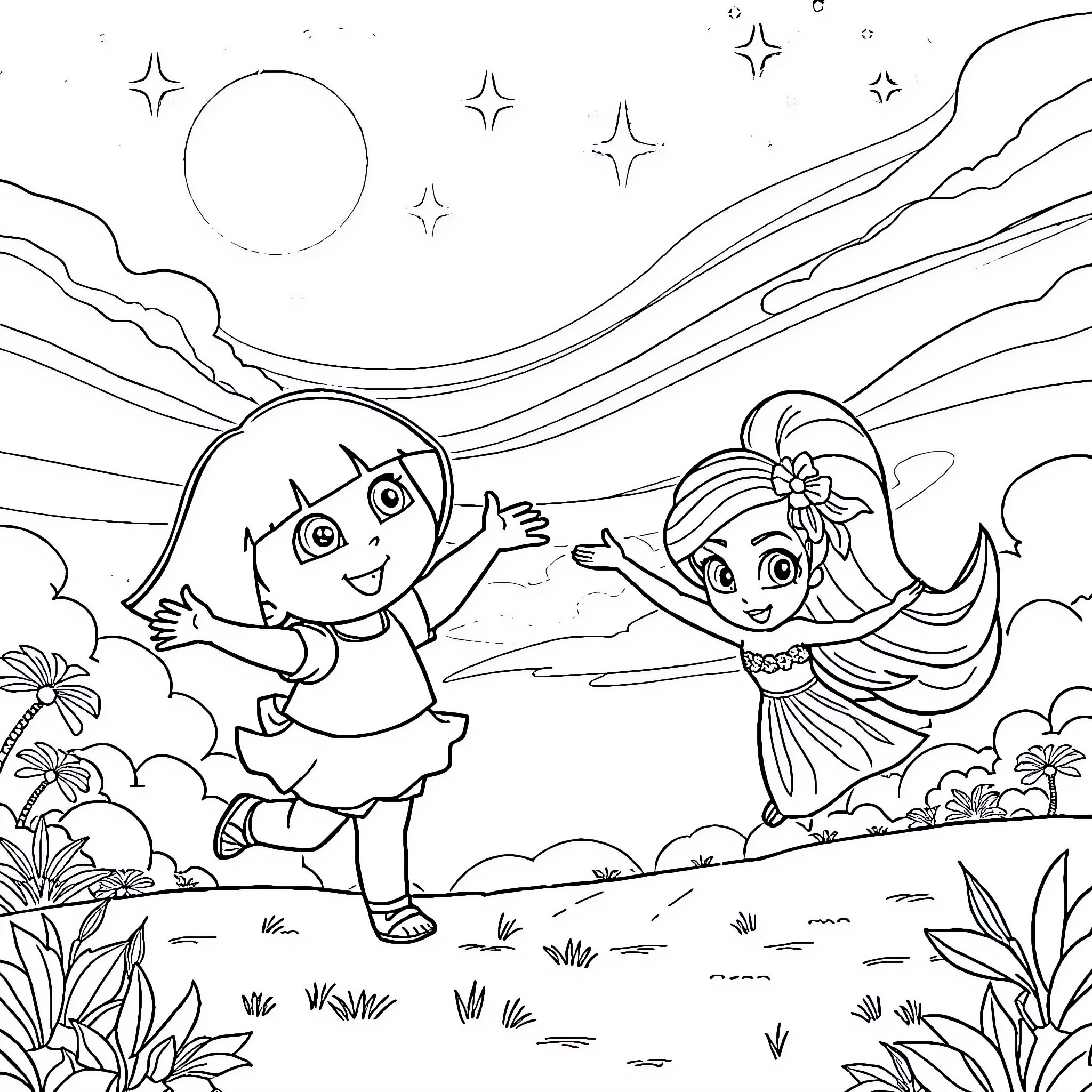 Dora and Boots explore the magical night sky Coloring Page (free black-and-white line drawing printable PDF for all, from beginners to advanced learners, including children, teens, adults, and seniors)