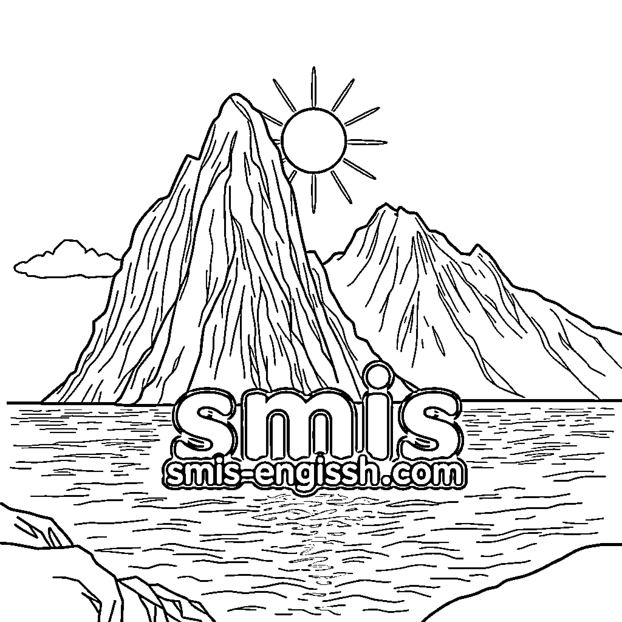 Logo of a website on a scenic landscape Coloring Page (free black-and-white line drawing printable PDF for all, from beginners to advanced learners, including children, teens, adults, and seniors)
