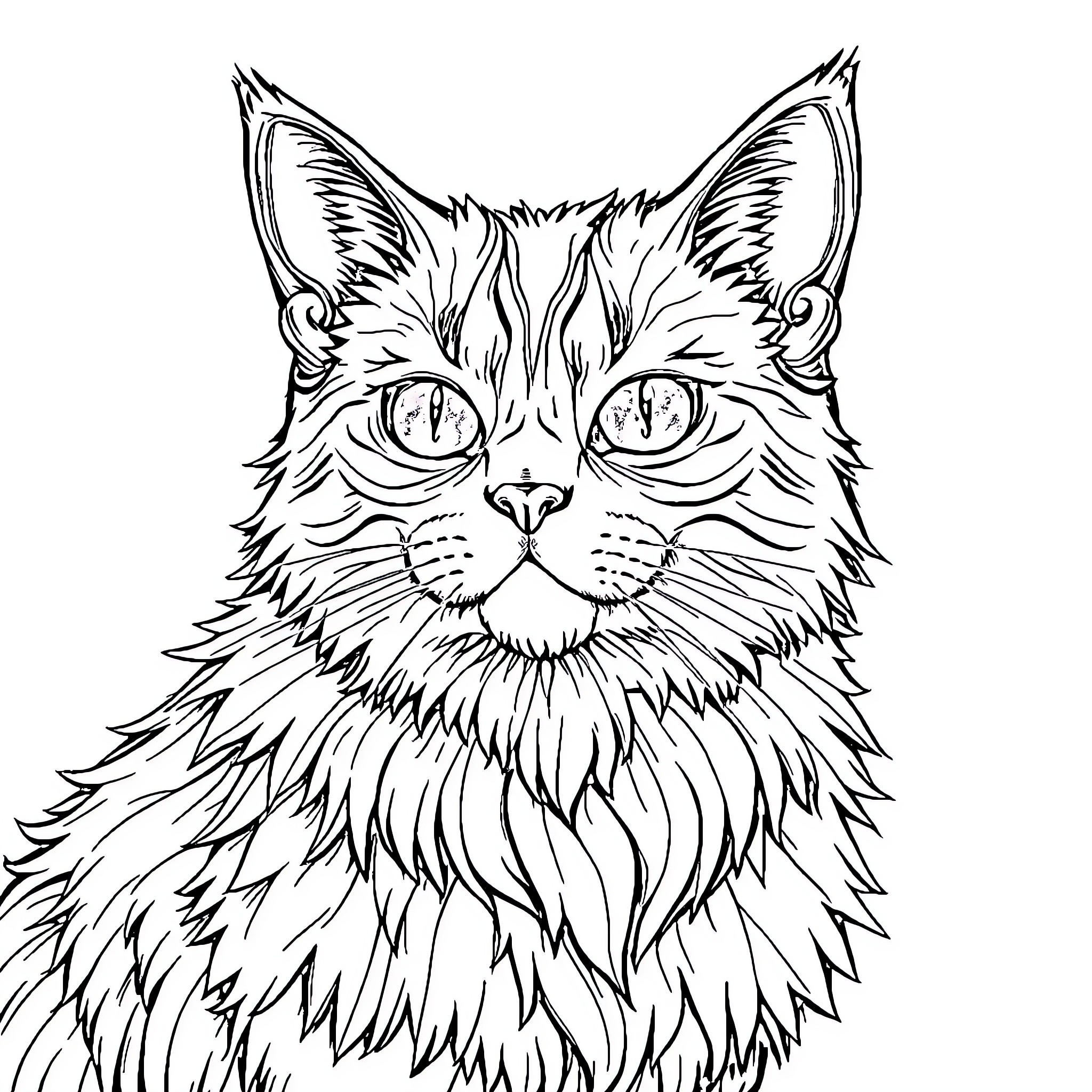 Cat with intense gaze and detailed fur Coloring Page (free black-and-white line drawing printable PDF for all, from beginners to advanced learners, including children, teens, adults, and seniors)