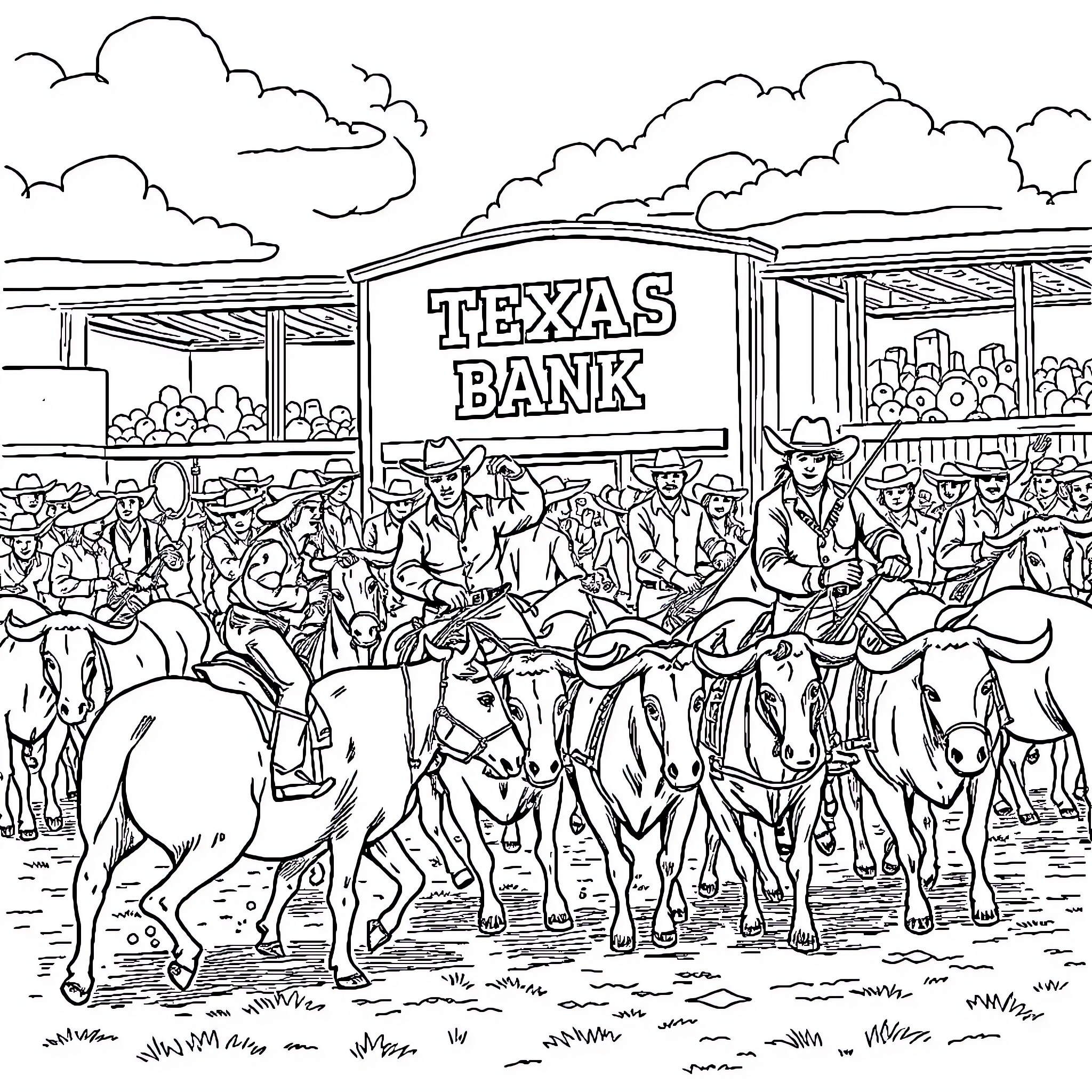 Cowboy Crowd at Texas Bank Coloring Page (free black-and-white line drawing printable PDF for all, from beginners to advanced learners, including children, teens, adults, and seniors)