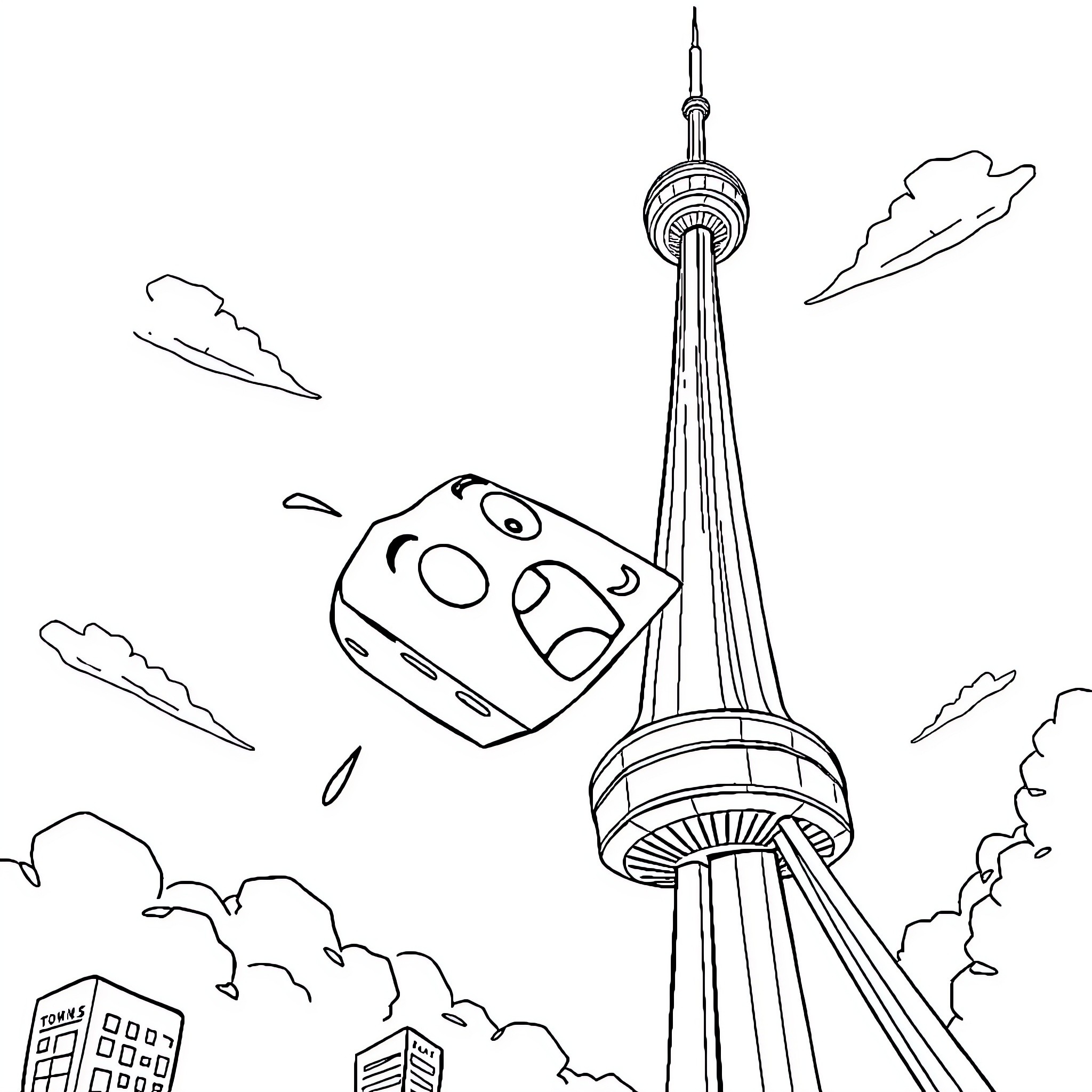 Cheese on top of CN Tower in city Coloring Page (free black-and-white line drawing printable PDF for all, from beginners to advanced learners, including children, teens, adults, and seniors)