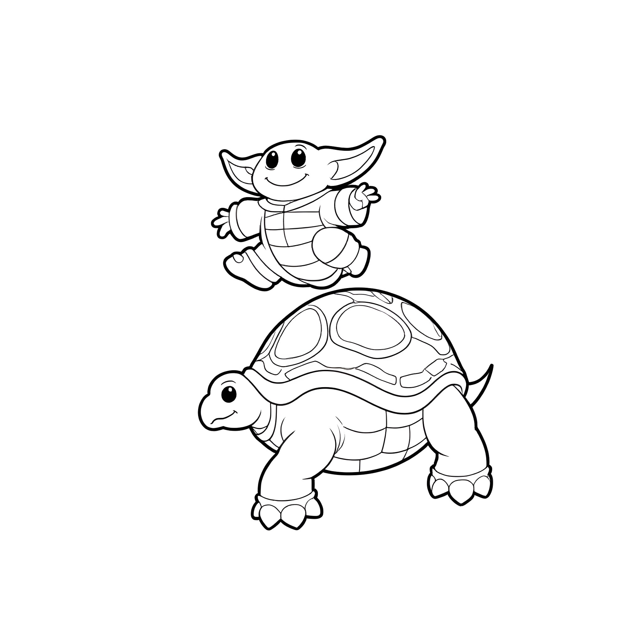 Yoda-like creature riding on a turtle Coloring Page (free black-and-white line drawing printable PDF for all, from beginners to advanced learners, including children, teens, adults, and seniors)