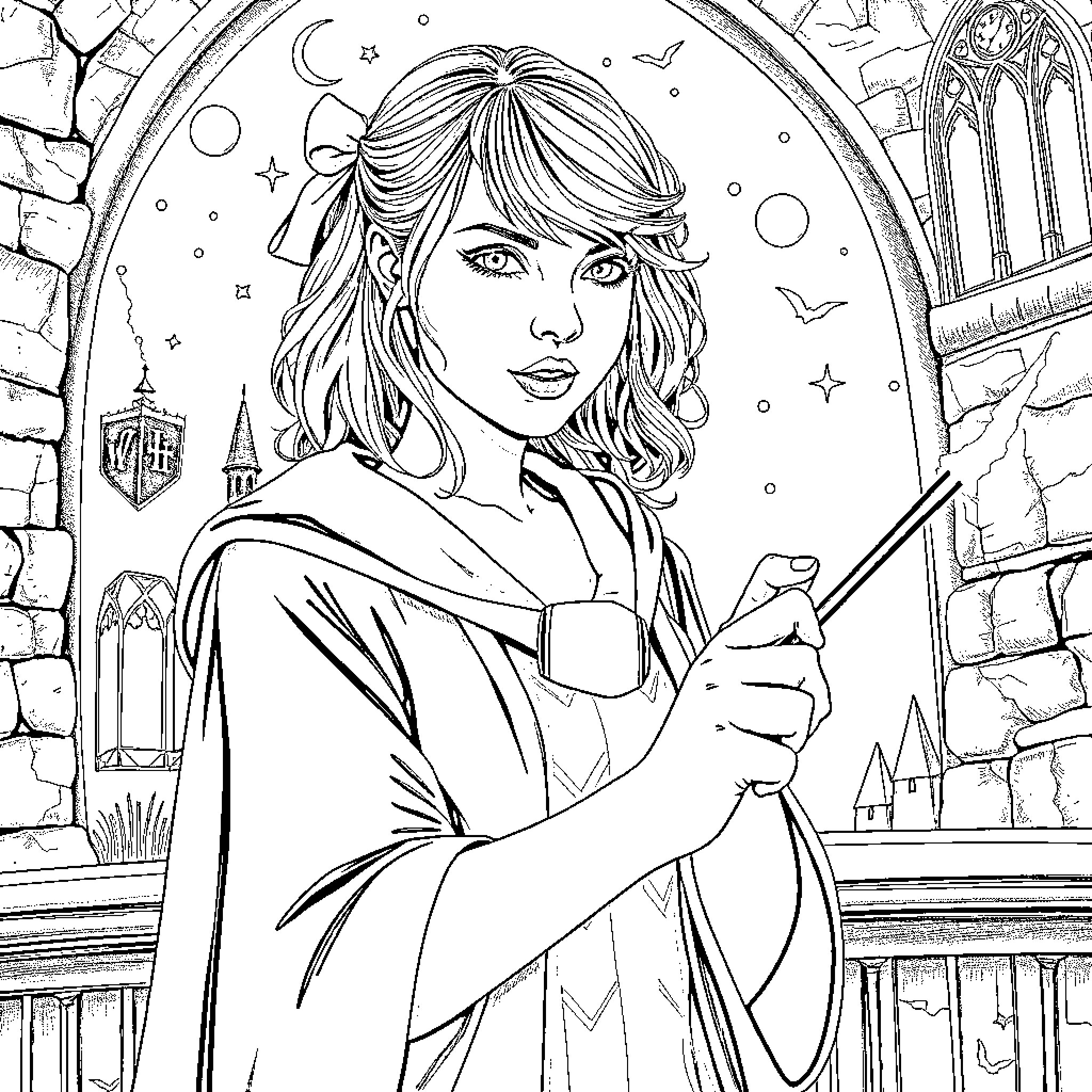 Taylor Swift in a magical, enchanting scene Coloring Page (free black-and-white line drawing printable PDF for all, from beginners to advanced learners, including children, teens, adults, and seniors)