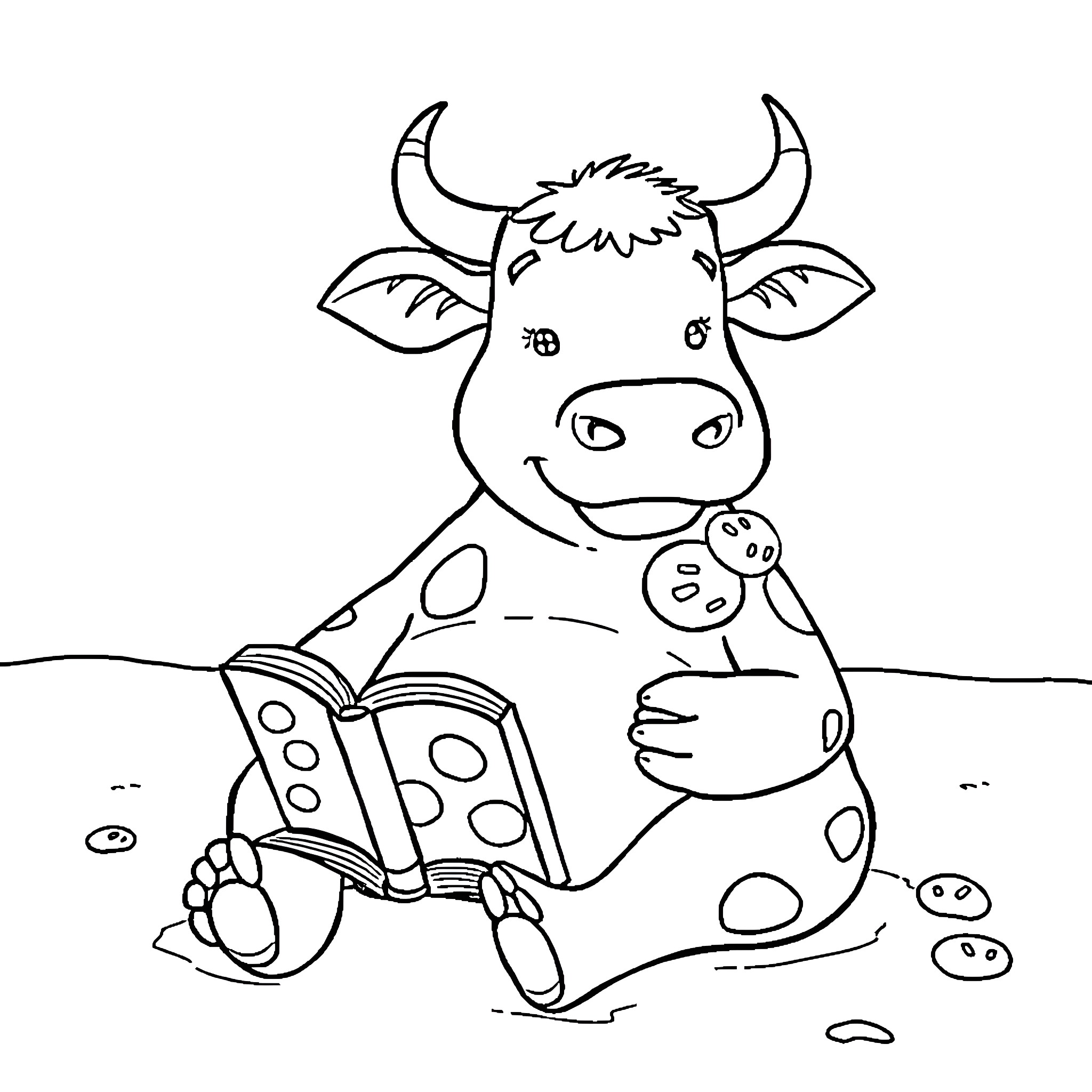 Cow reading a book happily Coloring Page (free black-and-white line drawing printable PDF for all, from beginners to advanced learners, including children, teens, adults, and seniors)