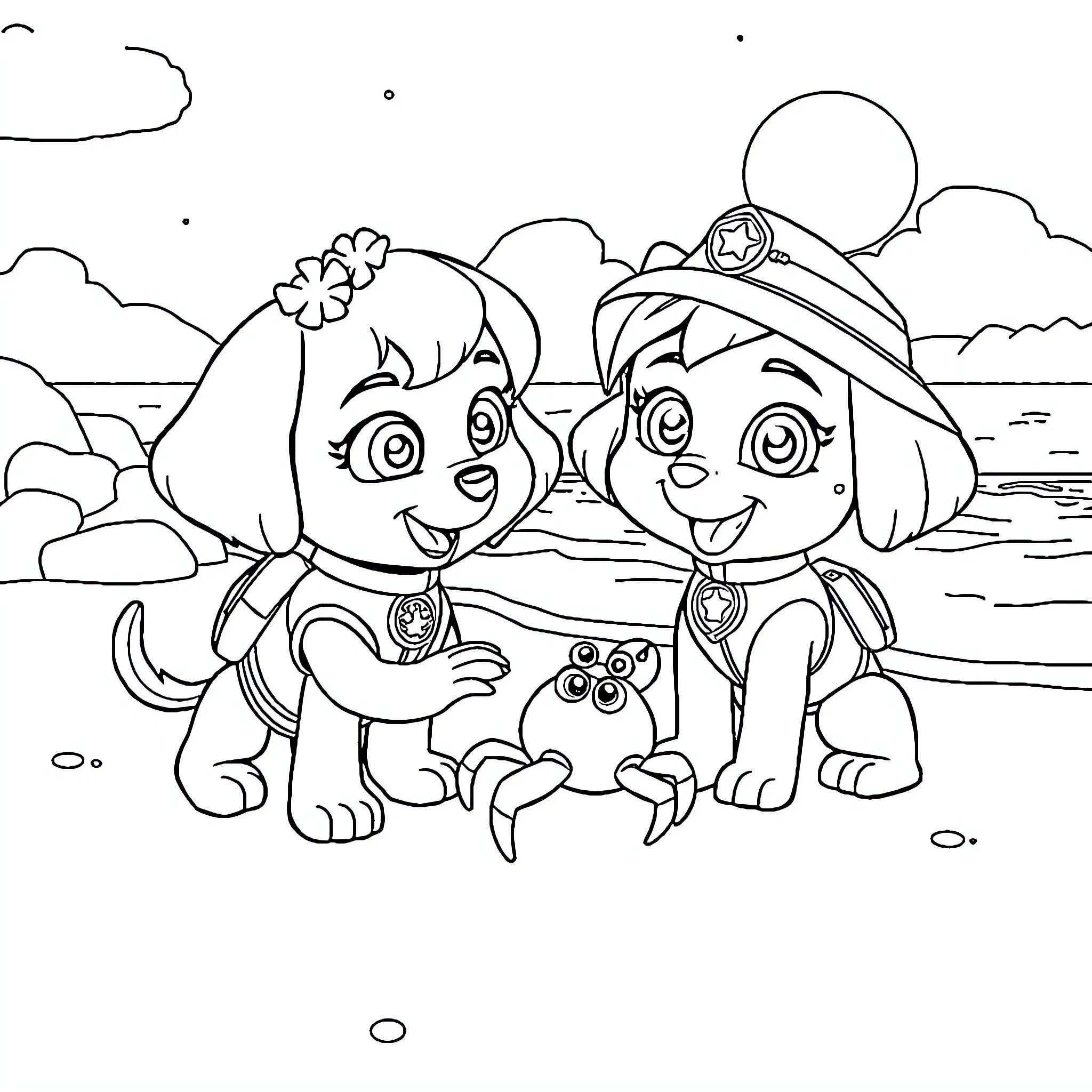 Stella and her canine companion explore the outdoors Coloring Page (free black-and-white line drawing printable PDF for all, from beginners to advanced learners, including children, teens, adults, and seniors)
