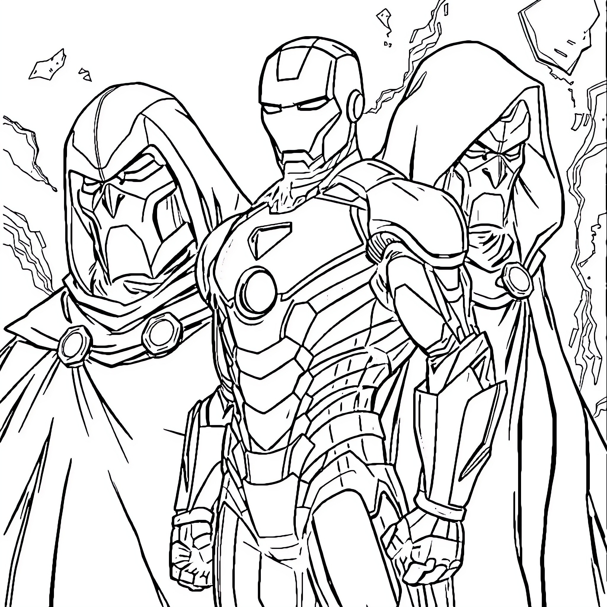 Iron Man in Epic Battle Stance with Adversaries Coloring Page (free black-and-white line drawing printable PDF for all, from beginners to advanced learners, including children, teens, adults, and seniors)