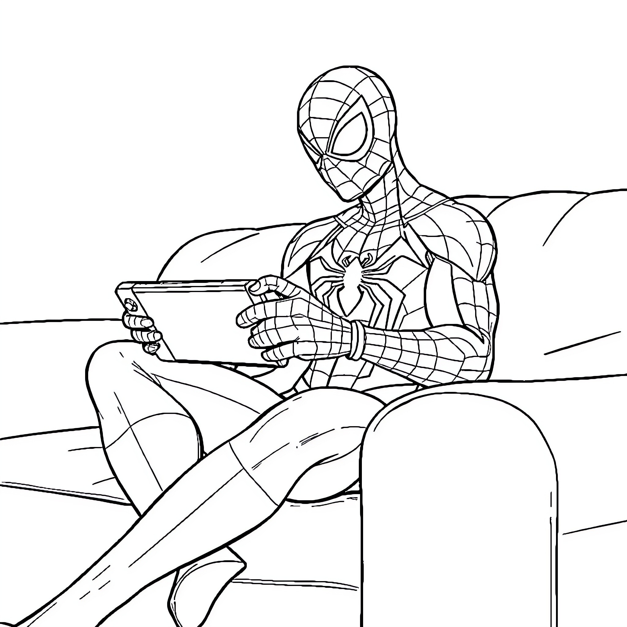 Spiderman using laptop in contemplative pose Coloring Page (free black-and-white line drawing printable PDF for all, from beginners to advanced learners, including children, teens, adults, and seniors)
