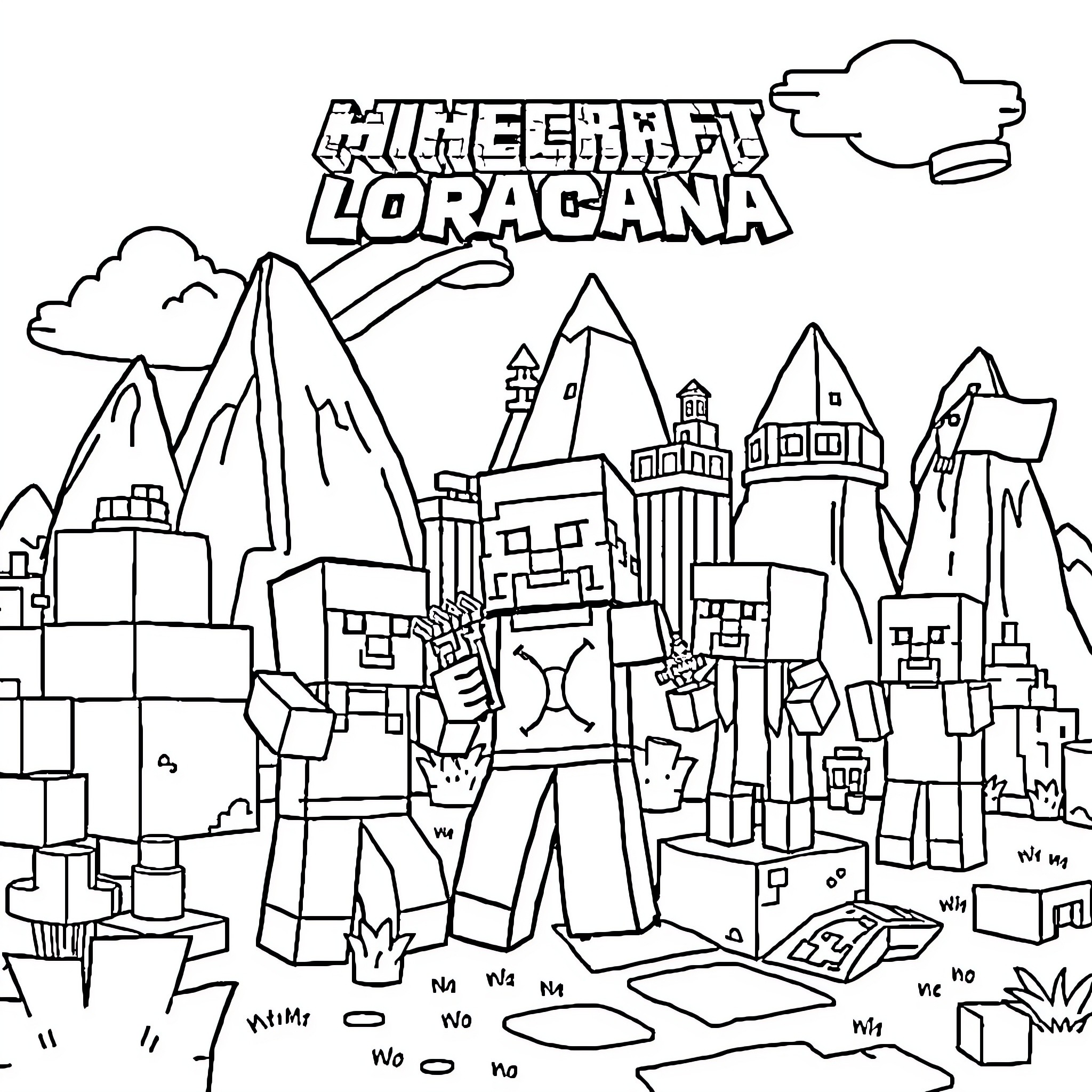 Lorcana adventure in the Minecraft world Coloring Page (free black-and-white line drawing printable PDF for all, from beginners to advanced learners, including children, teens, adults, and seniors)