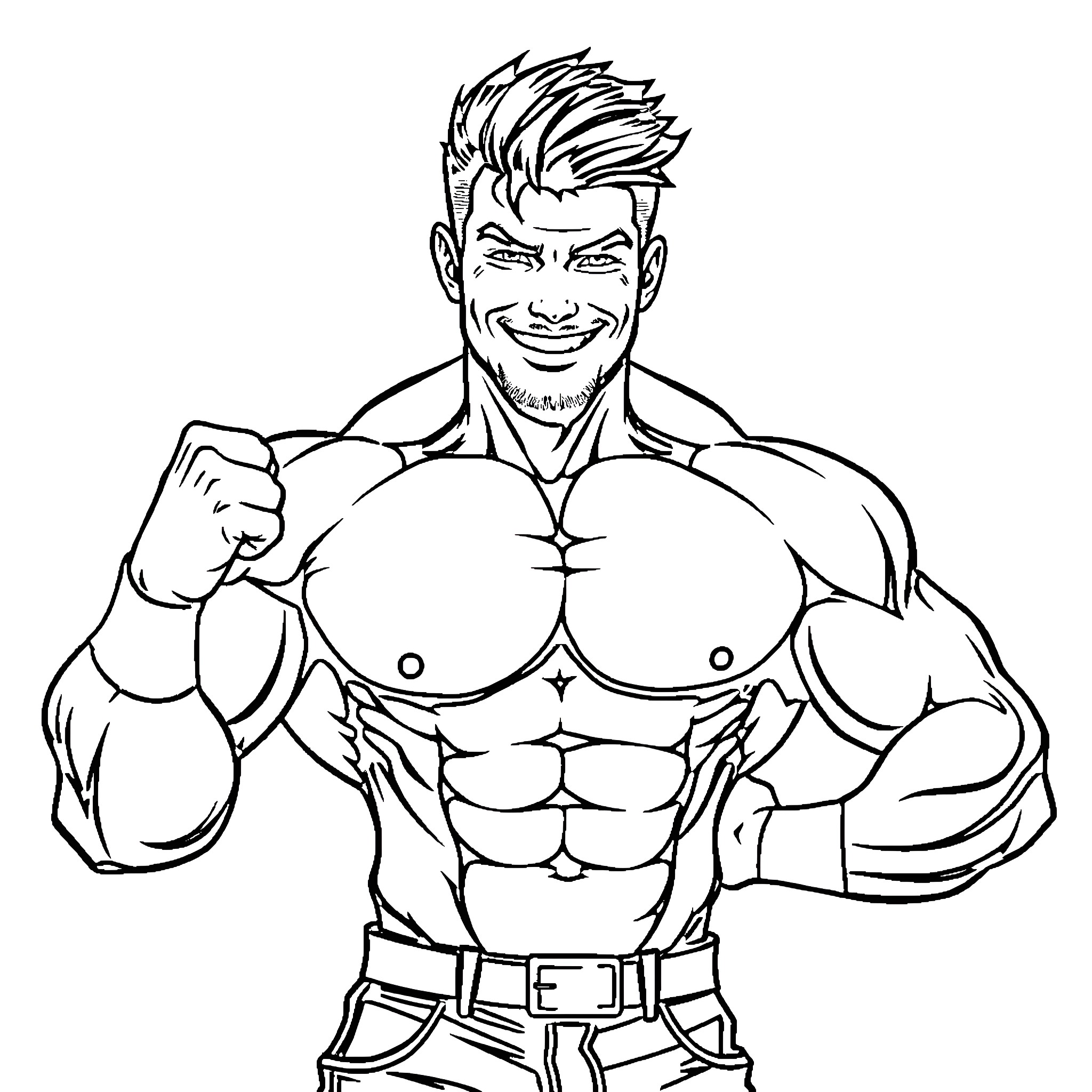 Bodybuilder flexing muscles with confident expression Coloring Page (free black-and-white line drawing printable PDF for all, from beginners to advanced learners, including children, teens, adults, and seniors)