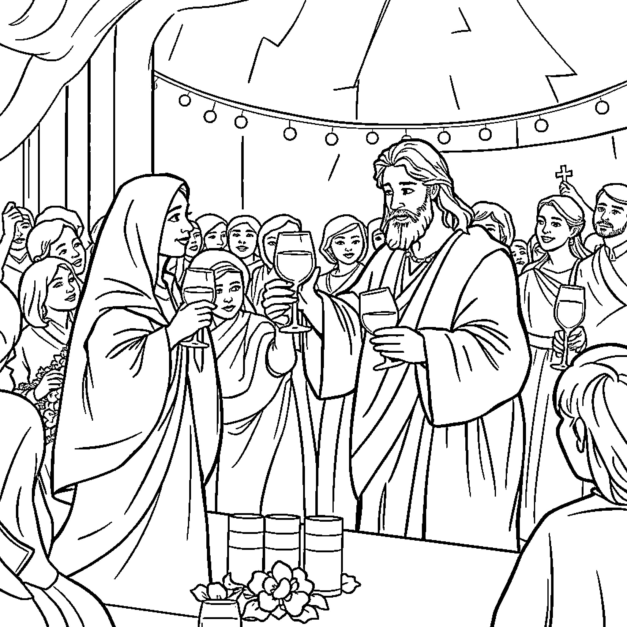 Mary's Wedding Celebration with Jesus and Guests Coloring Page (free black-and-white line drawing printable PDF for all, from beginners to advanced learners, including children, teens, adults, and seniors)