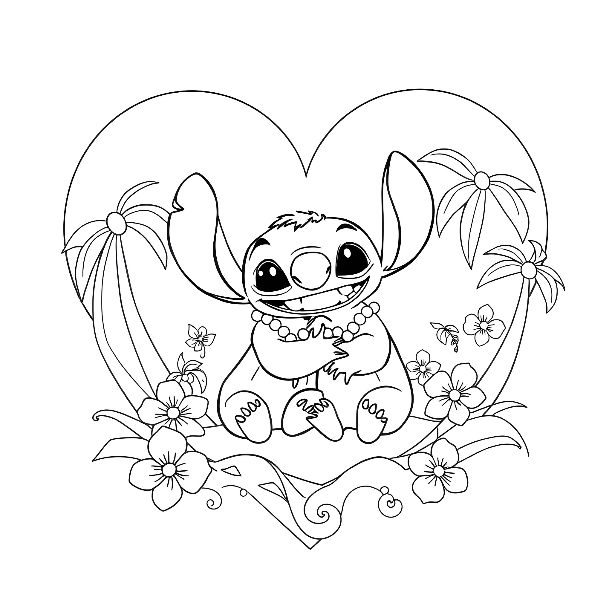 Lilo sitting among tropical flowers Coloring Page (free black-and-white line drawing printable PDF for all, from beginners to advanced learners, including children, teens, adults, and seniors)