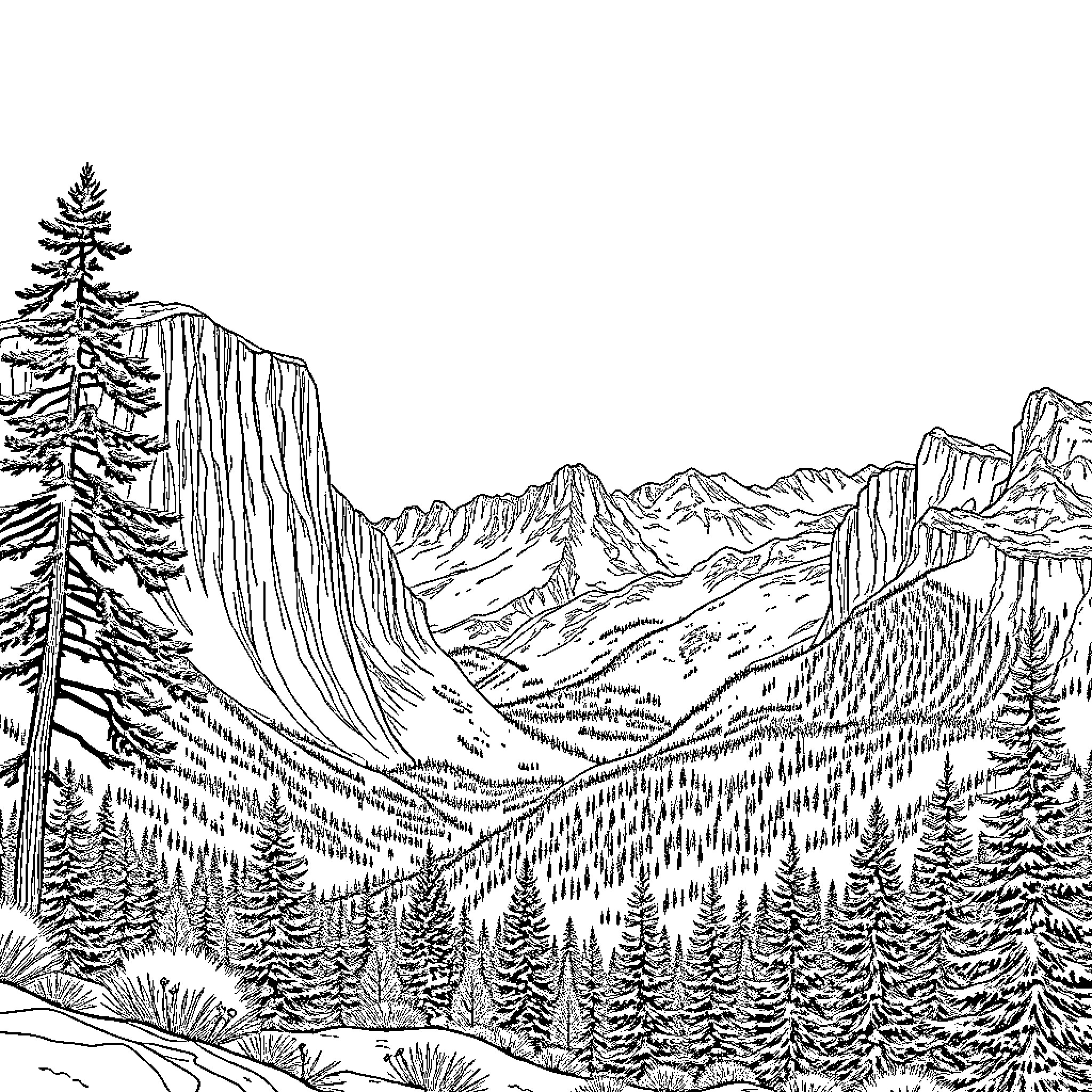Mountain Landscape of Majestic Peaks and Forests Coloring Page (free black-and-white line drawing printable PDF for all, from beginners to advanced learners, including children, teens, adults, and seniors)