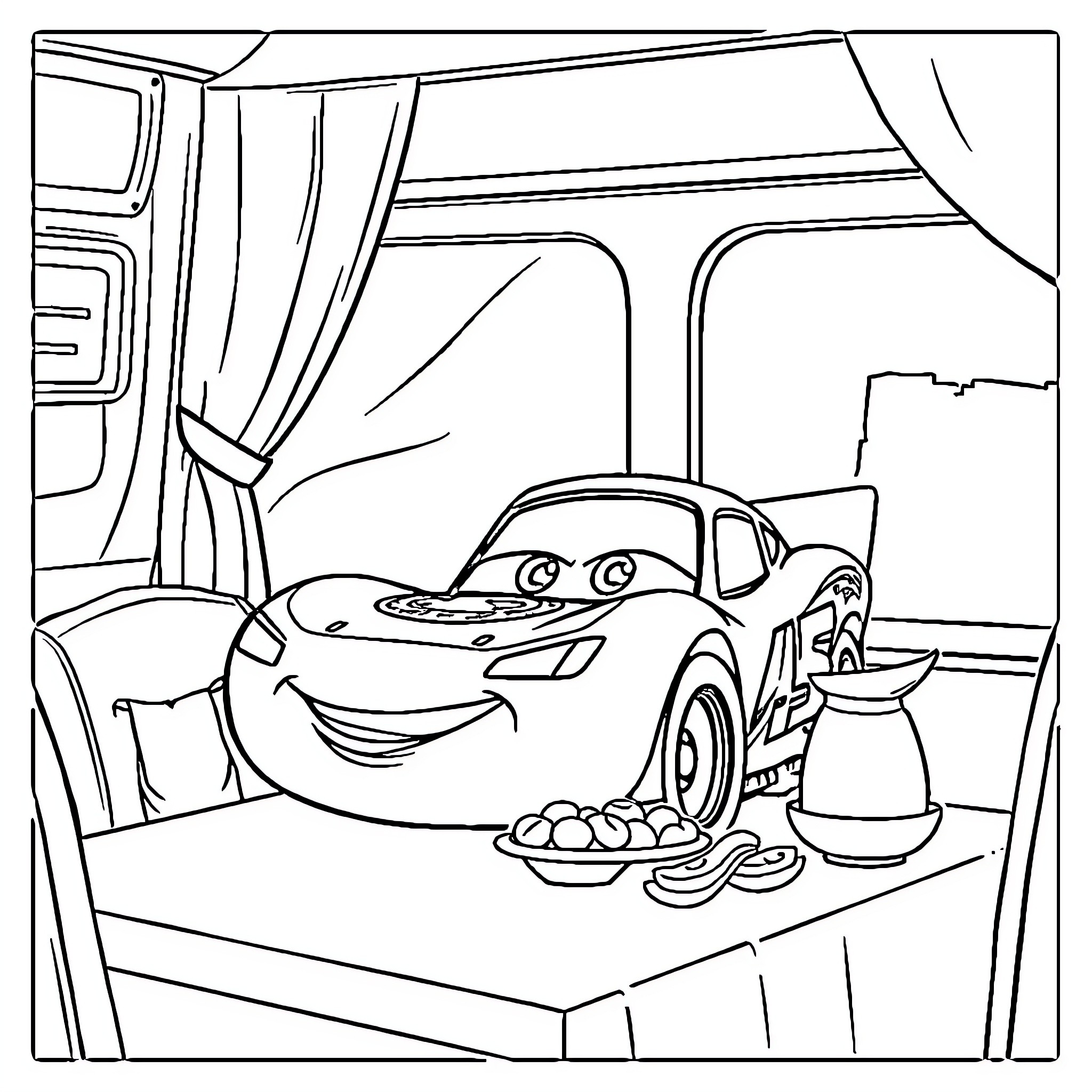 Flash McQueen enjoys a meal in his trailer Coloring Page (free black-and-white line drawing printable PDF for all, from beginners to advanced learners, including children, teens, adults, and seniors)