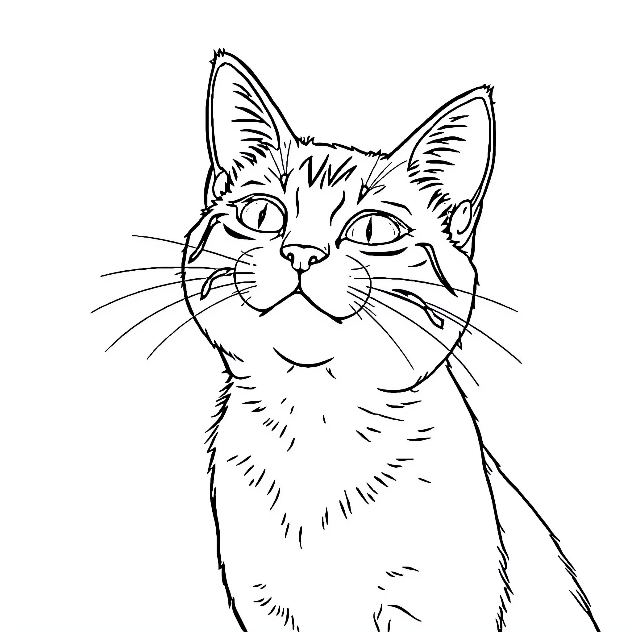 Cat with curious expression Coloring Page (free black-and-white line drawing printable PDF for all, from beginners to advanced learners, including children, teens, adults, and seniors)