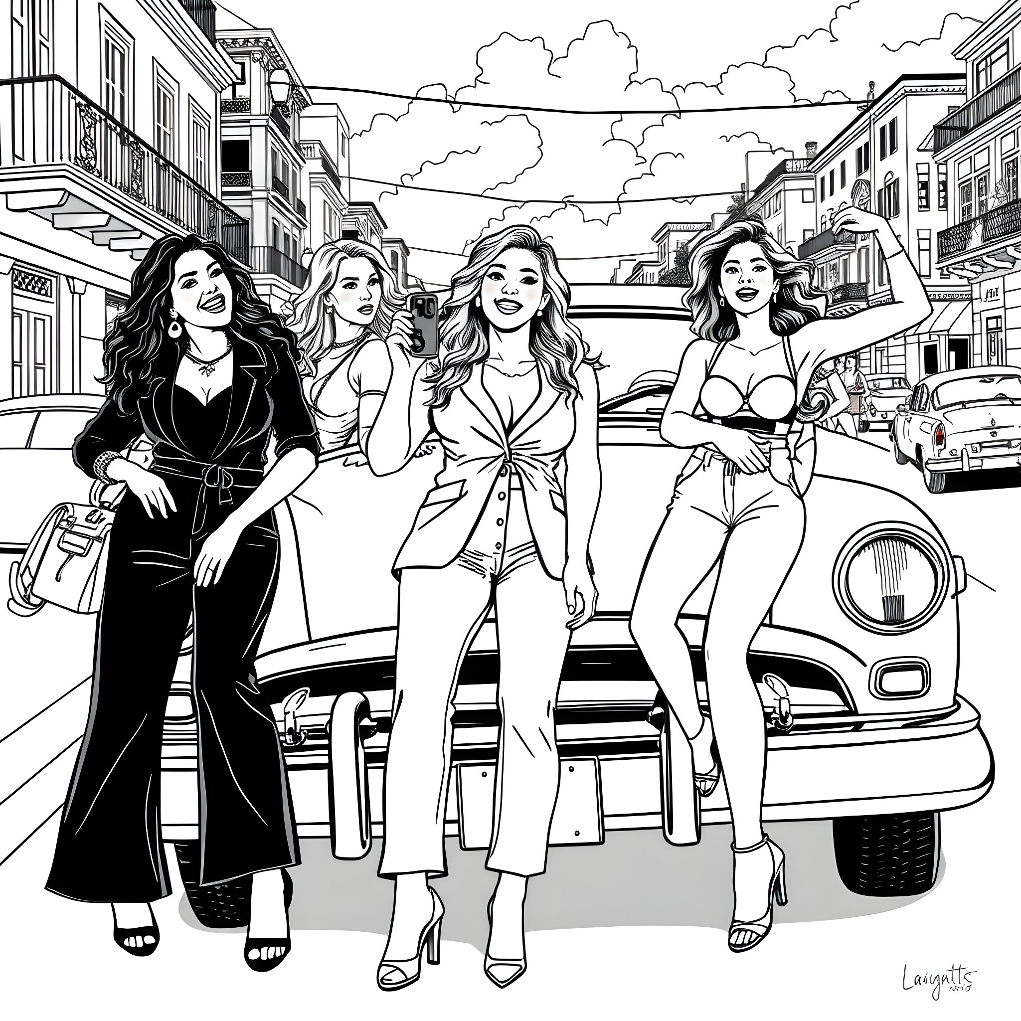 Latina Beauties Strutting through the City Streets Coloring Page (free black-and-white line drawing printable PDF for all, from beginners to advanced learners, including children, teens, adults, and seniors)