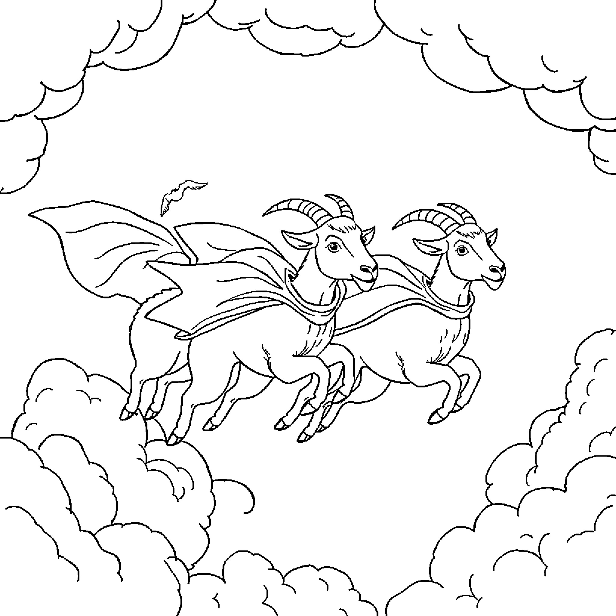 Flying Goats soaring through the clouds Coloring Page (free black-and-white line drawing printable PDF for all, from beginners to advanced learners, including children, teens, adults, and seniors)