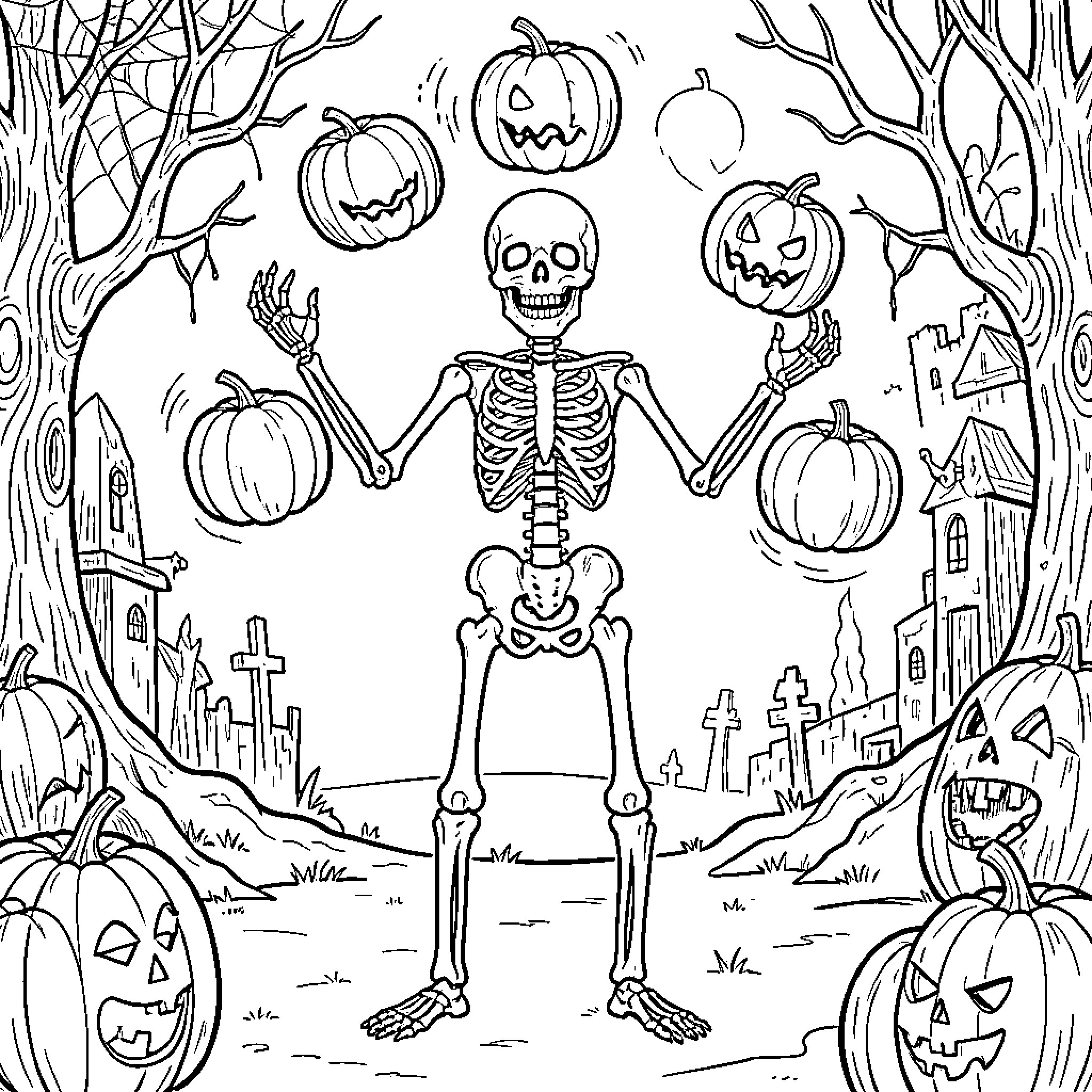 Skeleton juggling pumpkins in a spooky graveyard scene Coloring Page (free black-and-white line drawing printable PDF for all, from beginners to advanced learners, including children, teens, adults, and seniors)