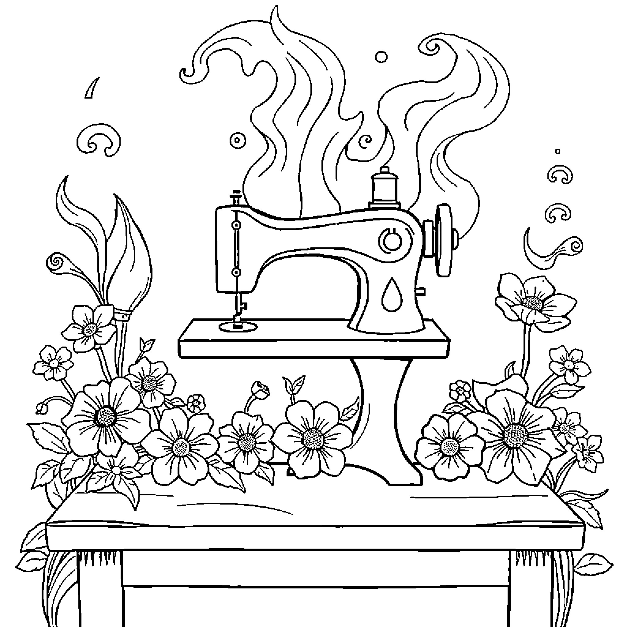 Sewing Machine Surrounded by Blooming Flowers Coloring Page (free black-and-white line drawing printable PDF for all, from beginners to advanced learners, including children, teens, adults, and seniors)