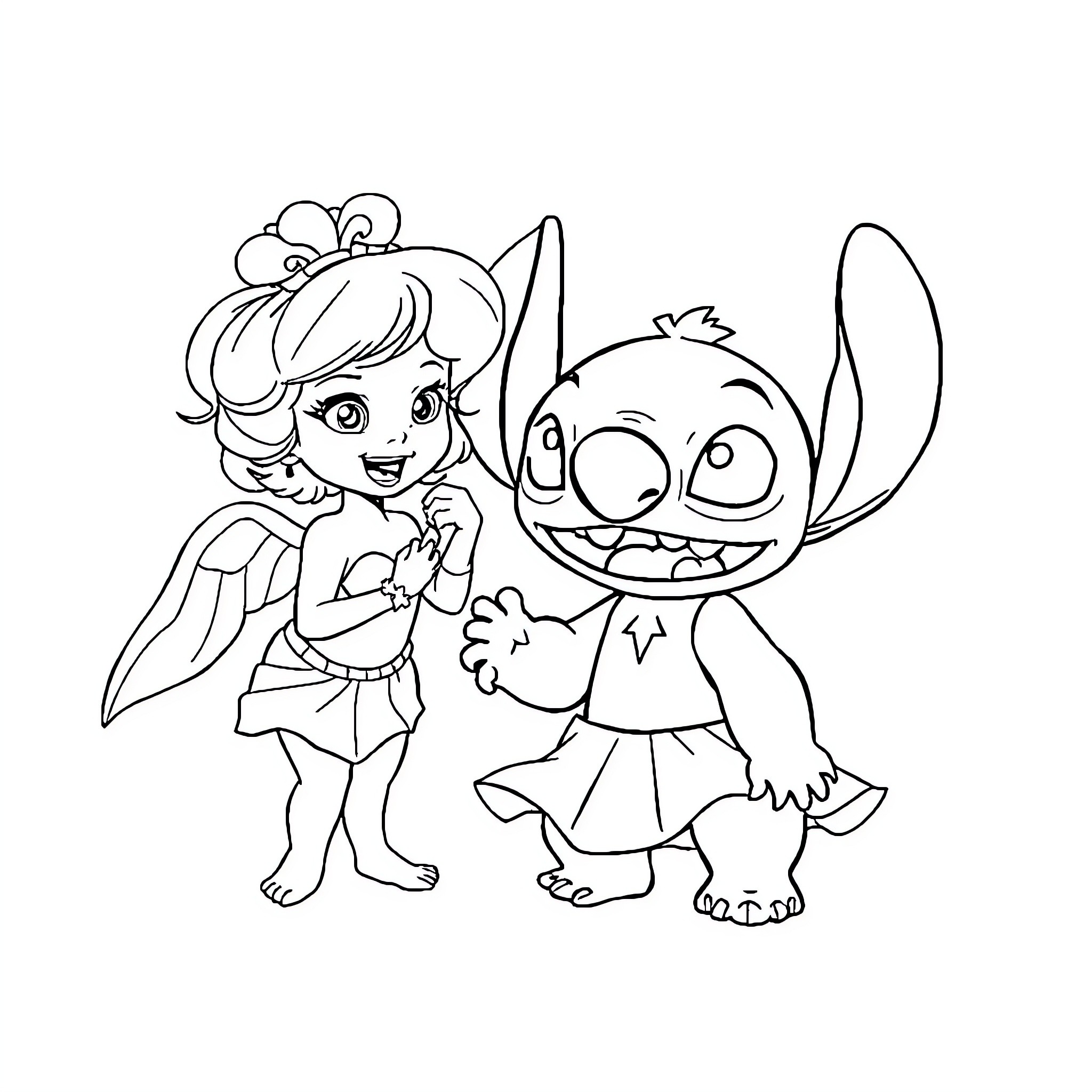 Stitch and Fairy Playing Together Coloring Page (free black-and-white line drawing printable PDF for all, from beginners to advanced learners, including children, teens, adults, and seniors)