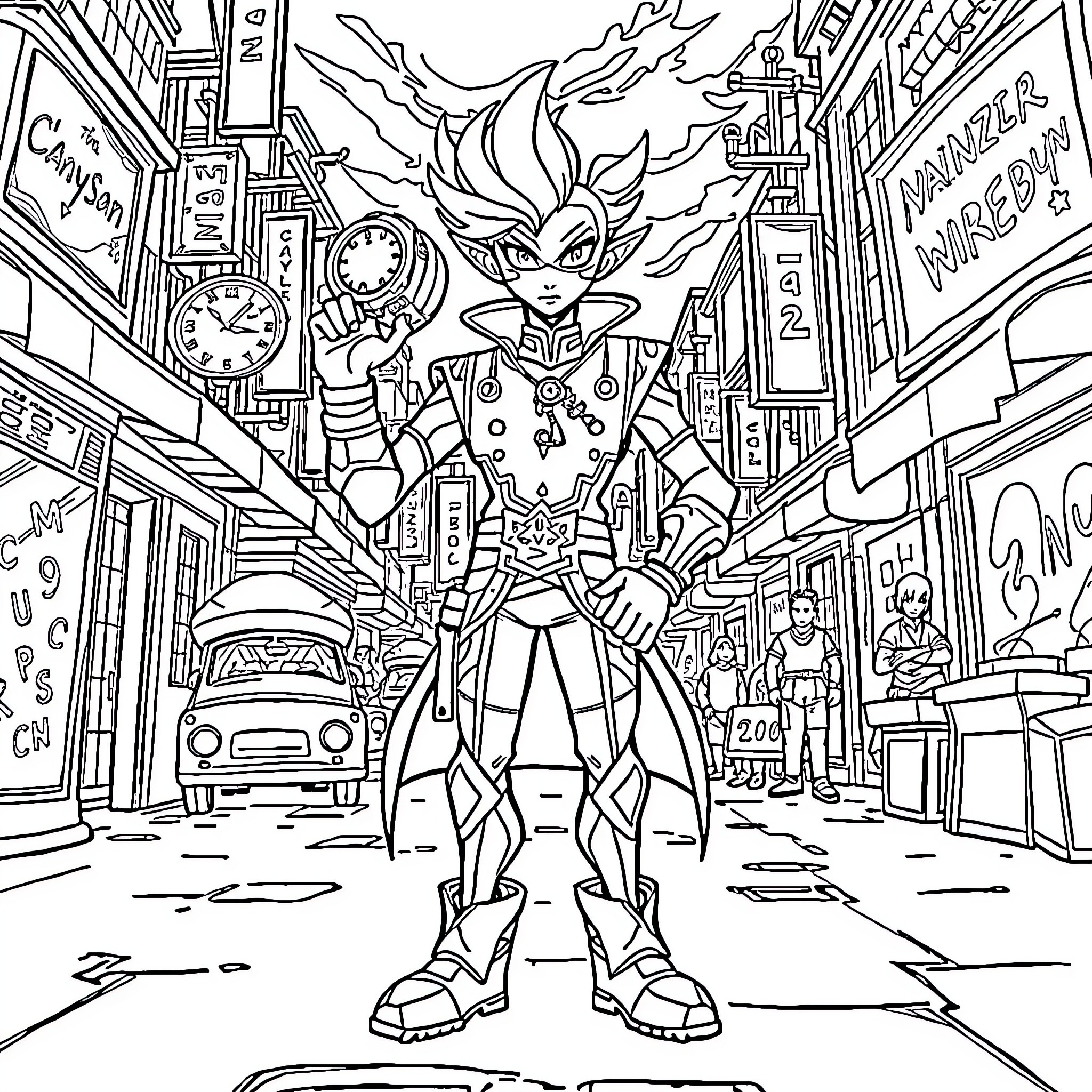 Ekko's Heroic Journey Through the City Streets Coloring Page (free black-and-white line drawing printable PDF for all, from beginners to advanced learners, including children, teens, adults, and seniors)