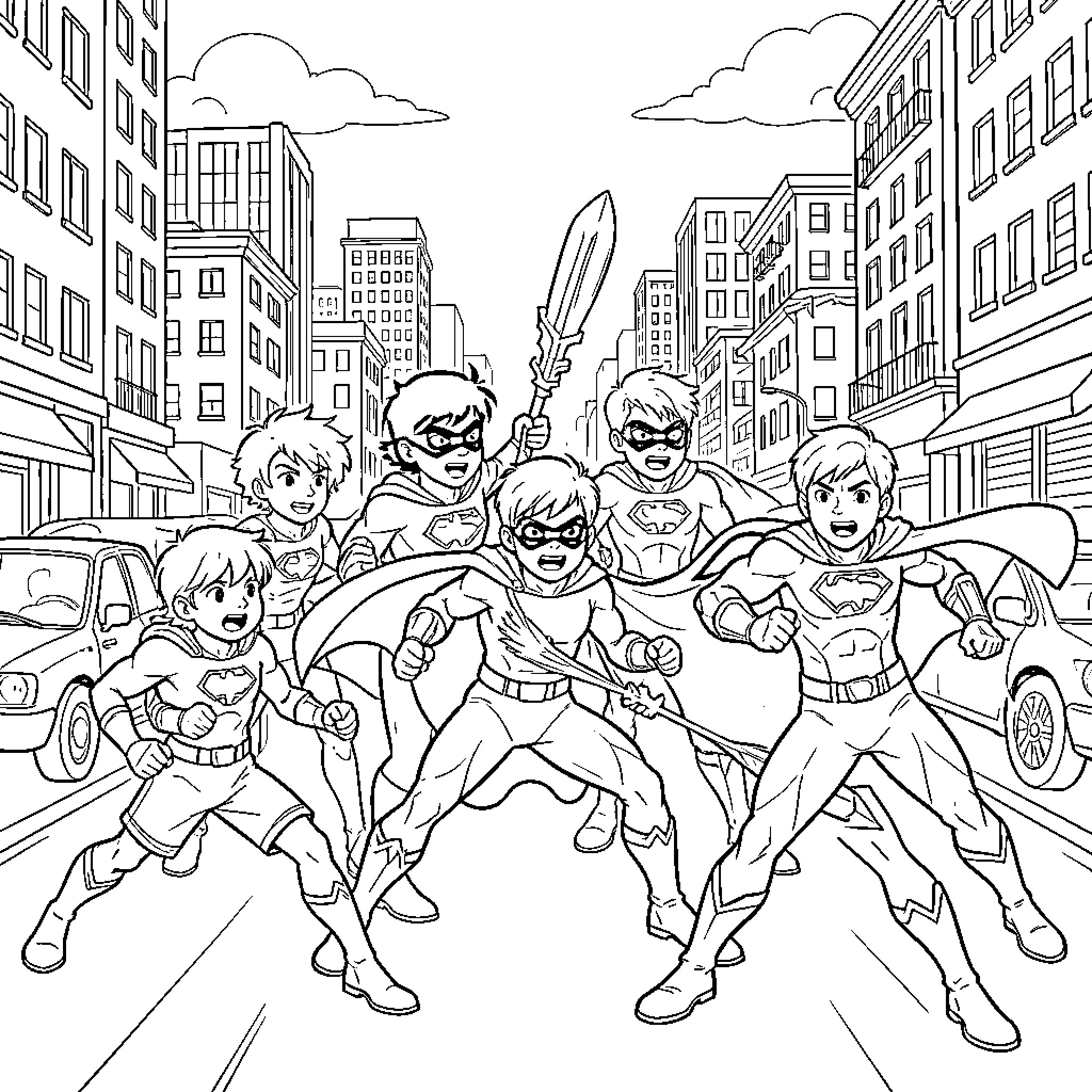 Teen Titans superheroes running heroically through city streets Coloring Page (free black-and-white line drawing printable PDF for all, from beginners to advanced learners, including children, teens, adults, and seniors)