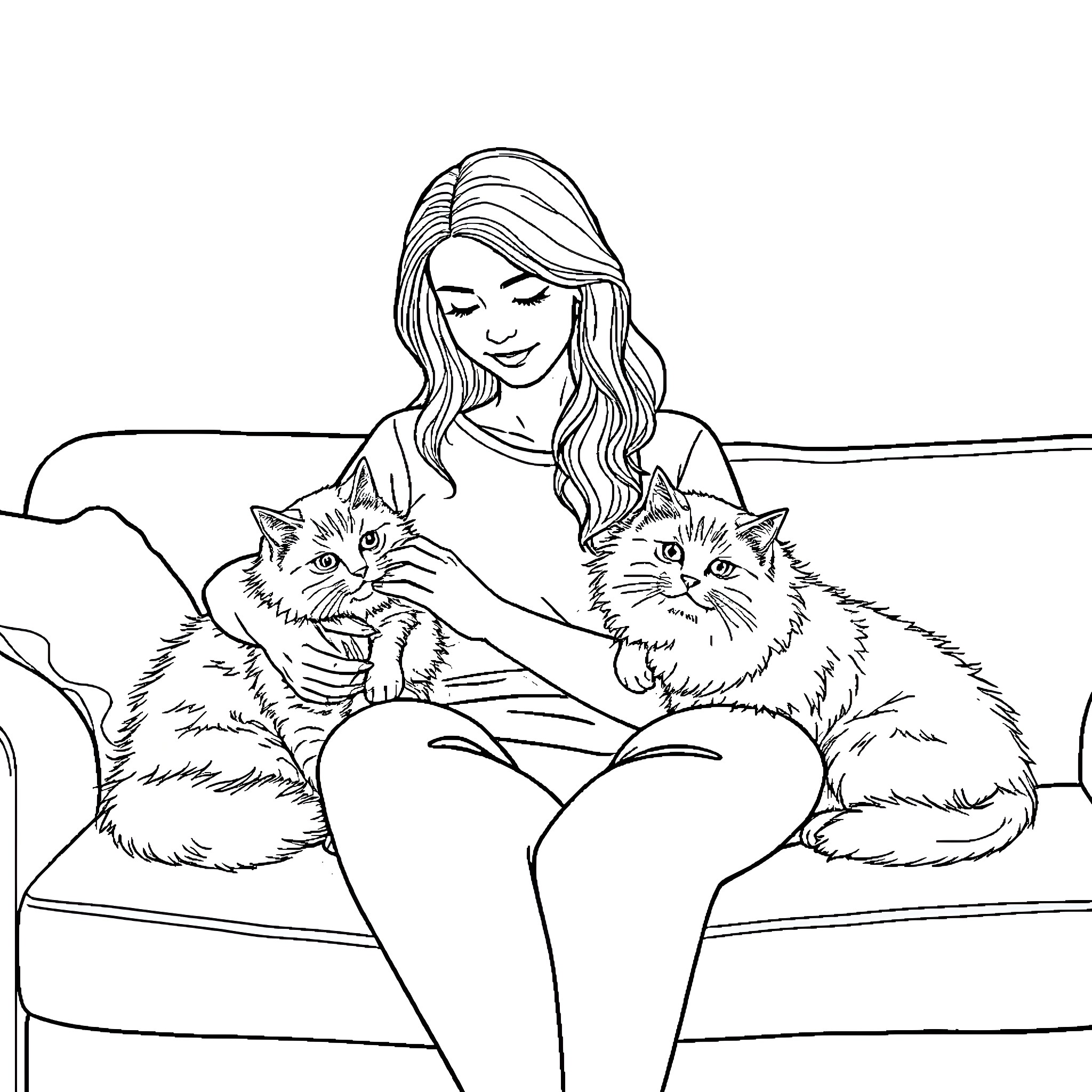 Woman petting two cats on the couch Coloring Page (free black-and-white line drawing printable PDF for all, from beginners to advanced learners, including children, teens, adults, and seniors)