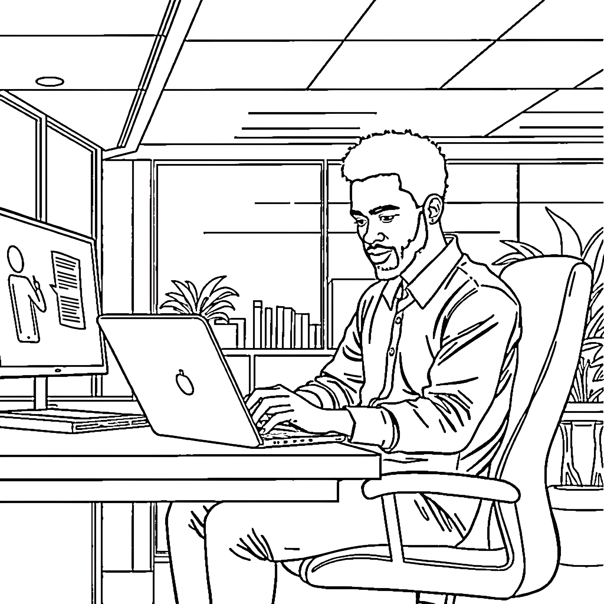IT Guy Working Diligently at Laptop in Office Coloring Page (free black-and-white line drawing printable PDF for all, from beginners to advanced learners, including children, teens, adults, and seniors)