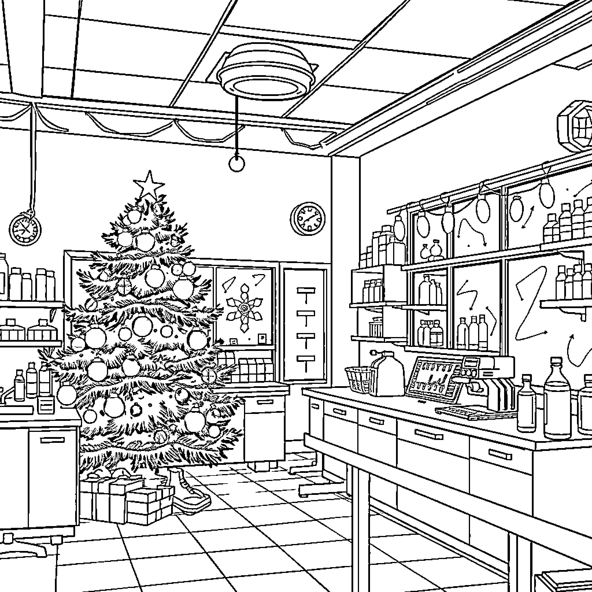 Science Lab with Christmas Decorations and Supplies Coloring Page (free black-and-white line drawing printable PDF for all, from beginners to advanced learners, including children, teens, adults, and seniors)