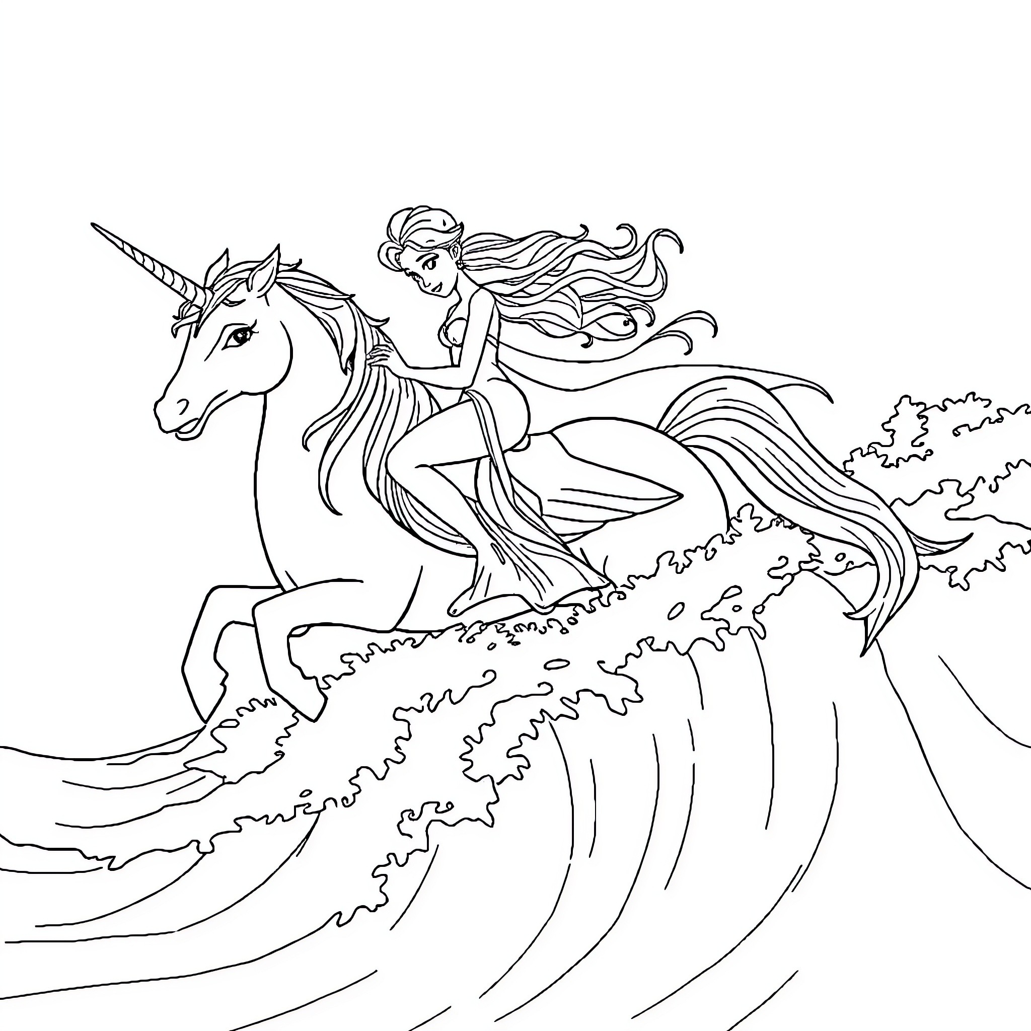 Elsa riding a unicorn through a magical landscape Coloring Page (free black-and-white line drawing printable PDF for all, from beginners to advanced learners, including children, teens, adults, and seniors)