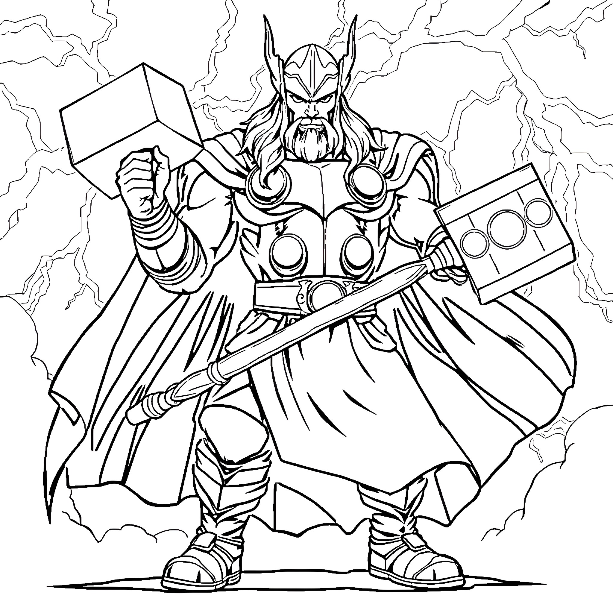 Thor unleashing powerful lightning and wielding his hammer Coloring Page (free black-and-white line drawing printable PDF for all, from beginners to advanced learners, including children, teens, adults, and seniors)