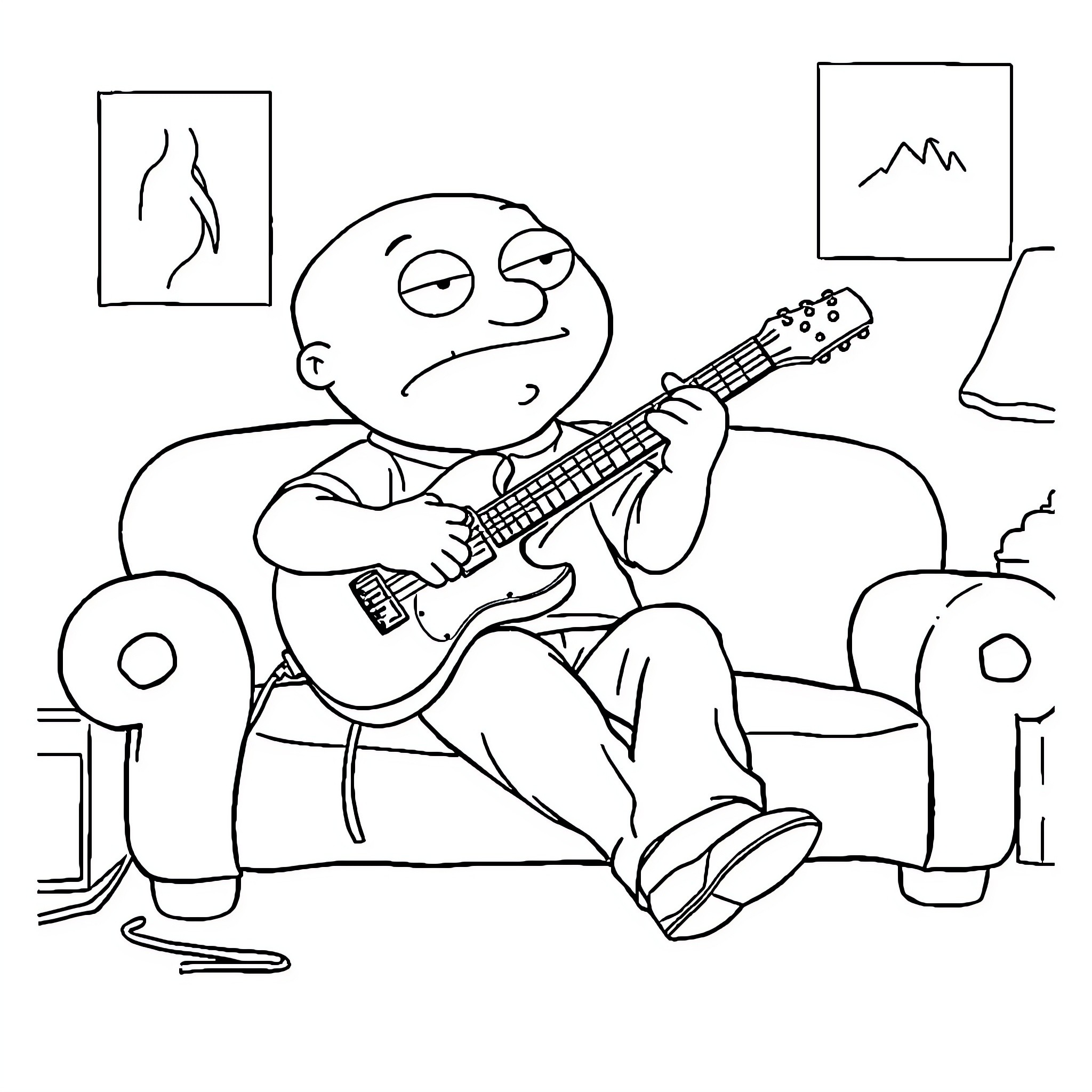 Stewie Griffin playing guitar in a cozy living room Coloring Page (free black-and-white line drawing printable PDF for all, from beginners to advanced learners, including children, teens, adults, and seniors)