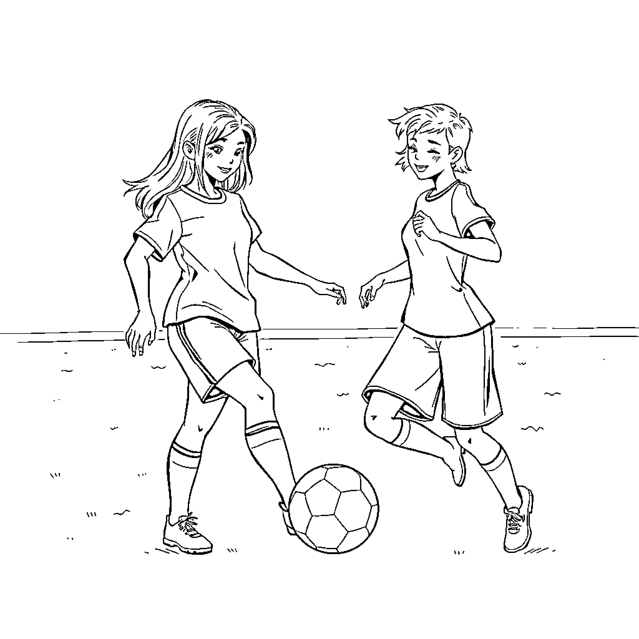 Chica playing soccer with friends on the field Coloring Page (free black-and-white line drawing printable PDF for all, from beginners to advanced learners, including children, teens, adults, and seniors)