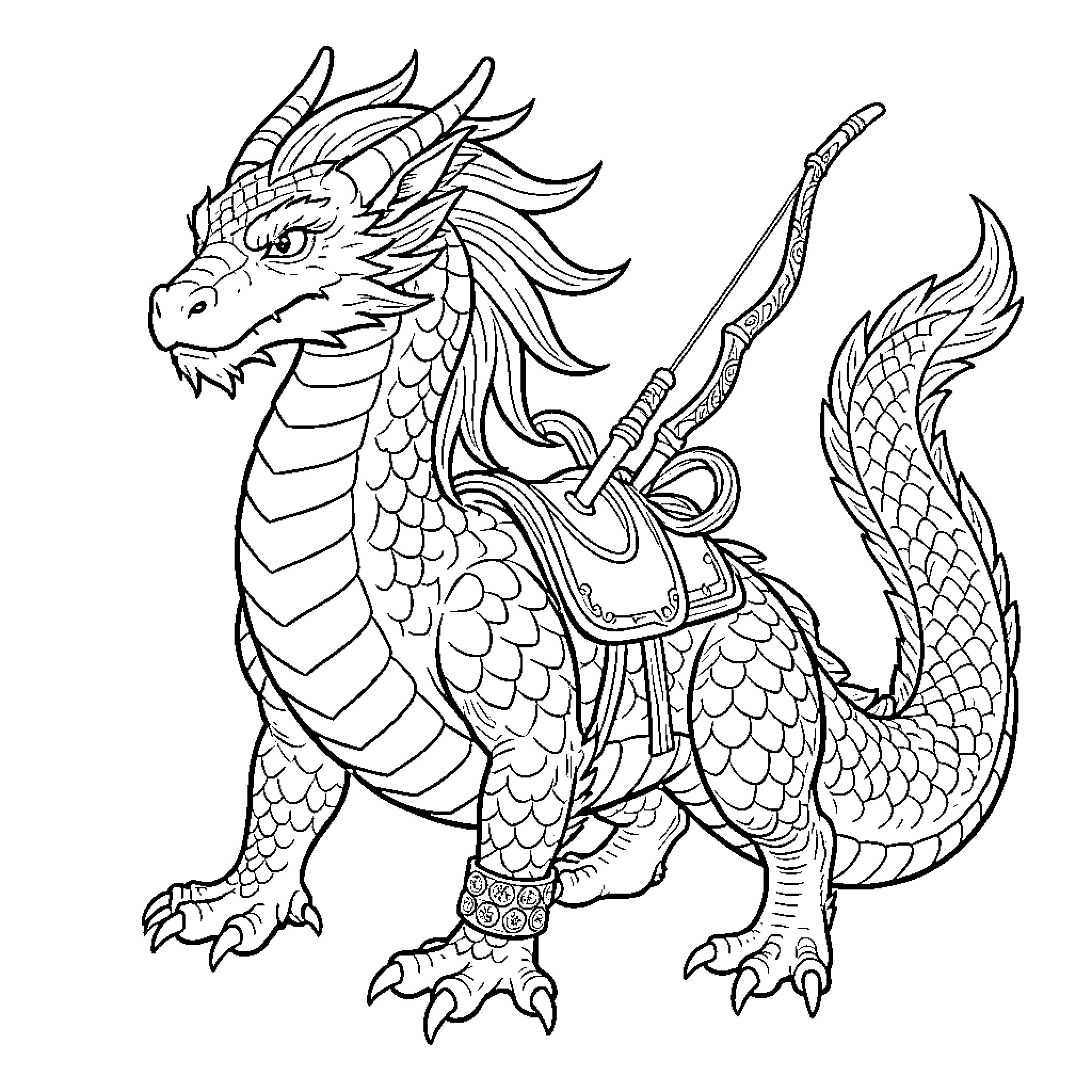 Drake standing majestically wearing ornate armor and accessories Coloring Page (free black-and-white line drawing printable PDF for all, from beginners to advanced learners, including children, teens, adults, and seniors)