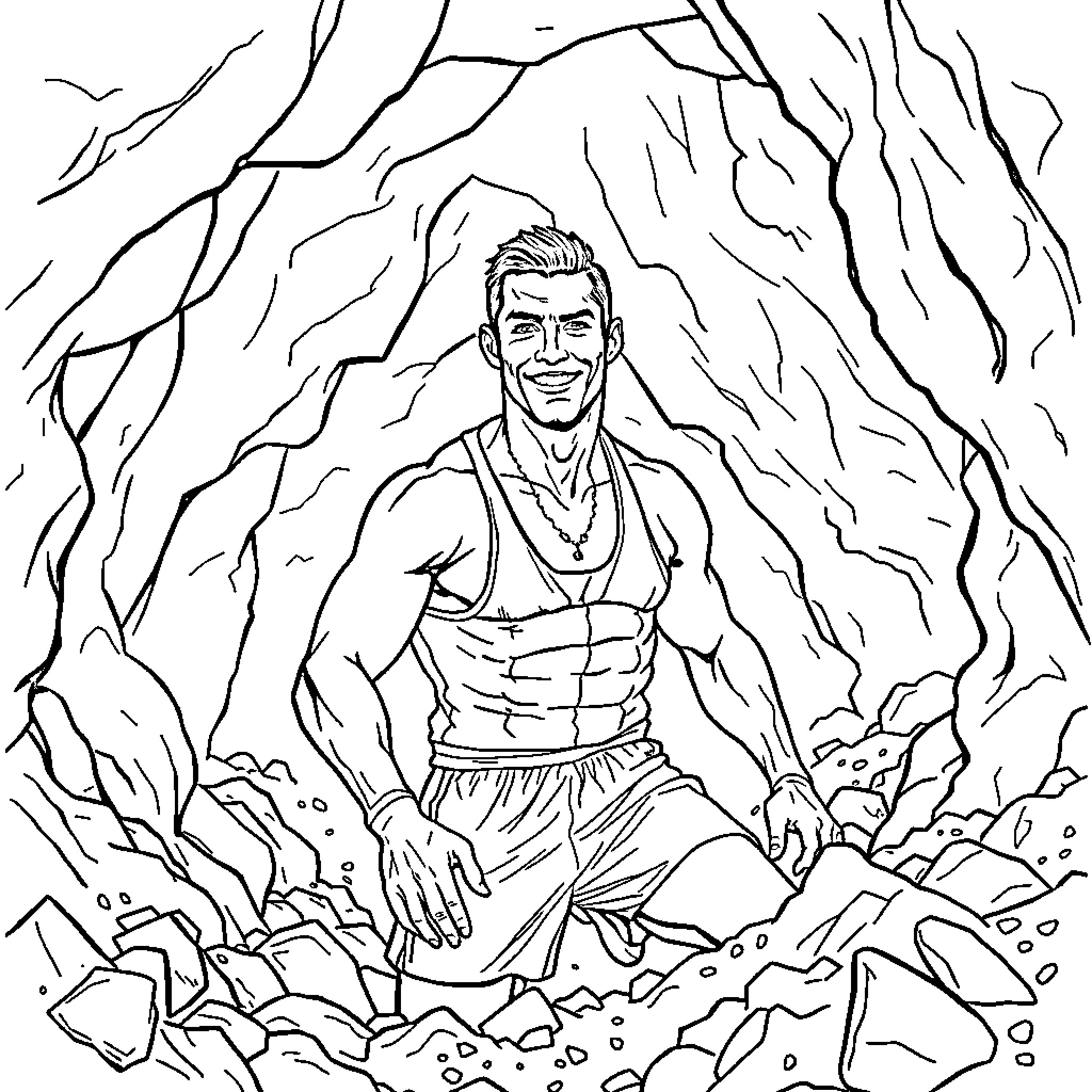 Cristiano Ronaldo exploring a rugged, natural landscape Coloring Page (free black-and-white line drawing printable PDF for all, from beginners to advanced learners, including children, teens, adults, and seniors)