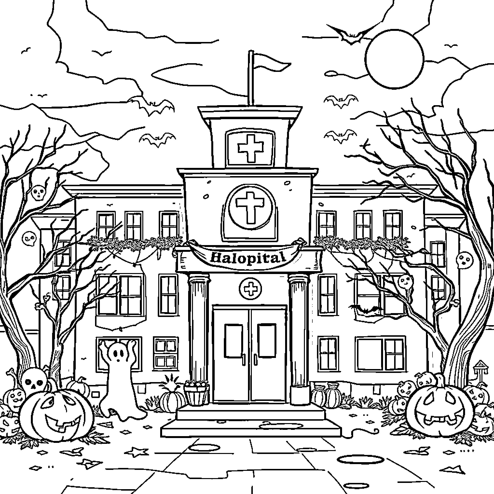 Hospital with spooky Halloween decor Coloring Page (free black-and-white line drawing printable PDF for all, from beginners to advanced learners, including children, teens, adults, and seniors)
